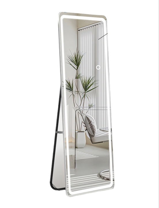 Floor Mirror With Led Light, 63" X 20" Full Length Mirror With Stand, Hanging Mirror Wall Mounted Mirror With Dimming & 3 Color Lighting, Full Body Mirror For Living Room Bedroom Cloakroom, White White Glass Metal