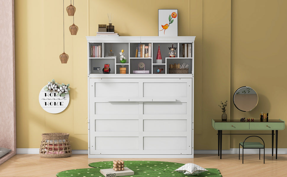 Queen Size Murphy Bed Wall Bed With Top Shelves & Usb,White Queen White Plywood