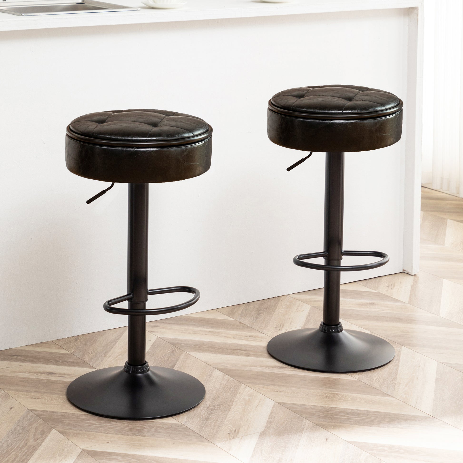 Round Storage Bar Stool Set Of 2, Black Faux Leather Height Adjustable Barstool, 360 Counter Height Swivel Stool, Armless Bar Chair With Metal Frame For Kitchen Counter Dining Living Room Black Set Of 2 Foam Pu Leather