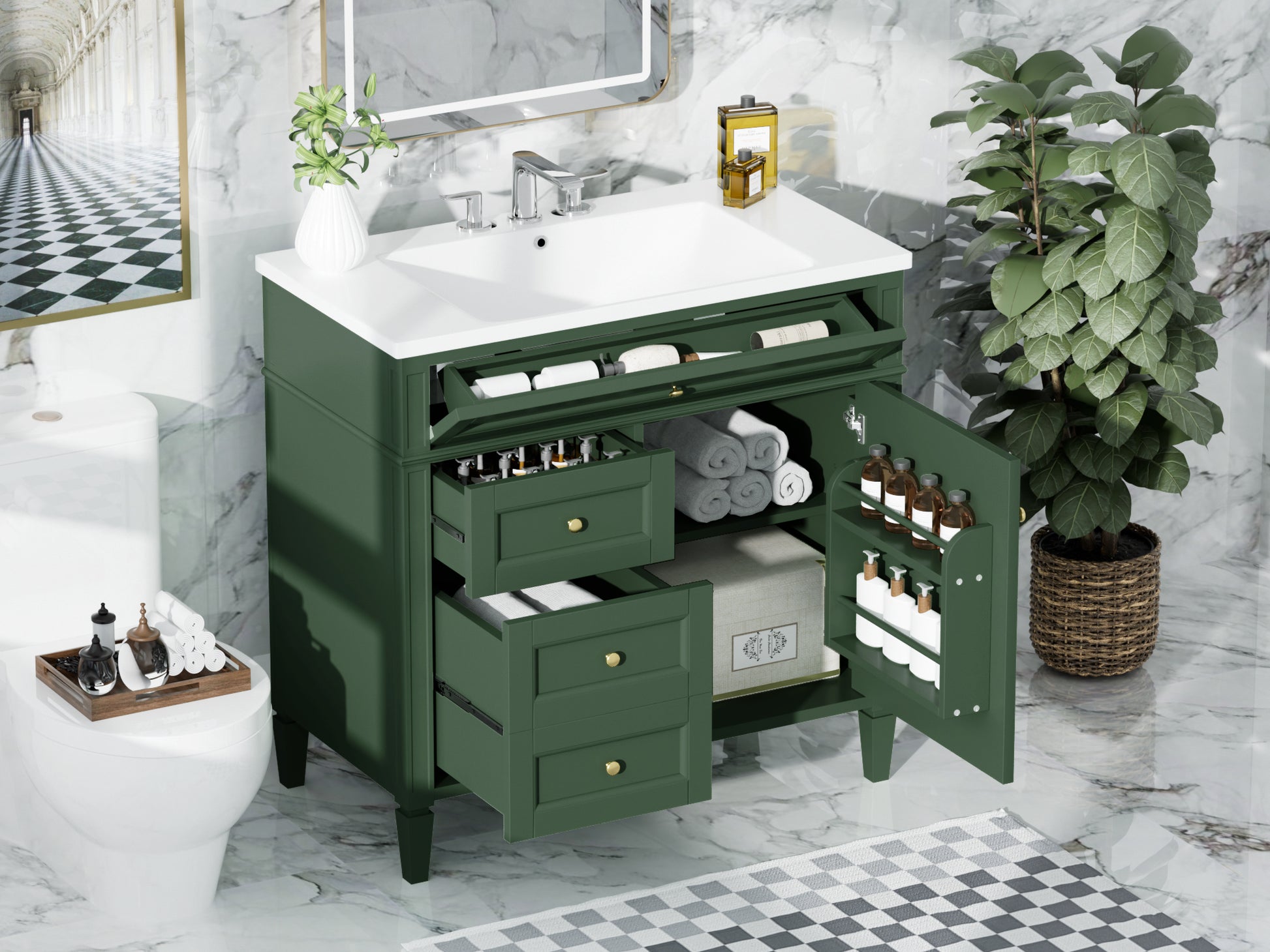 36'' Bathroom Vanity With Top Sink, Modern Bathroom Storage Cabinet With 2 Drawers And A Tip Out Drawer, Single Sink Bathroom Vanity 3 Green 1 1 Adjustable Hinges Bathroom Freestanding Solid Wood Mdf Resin Painted