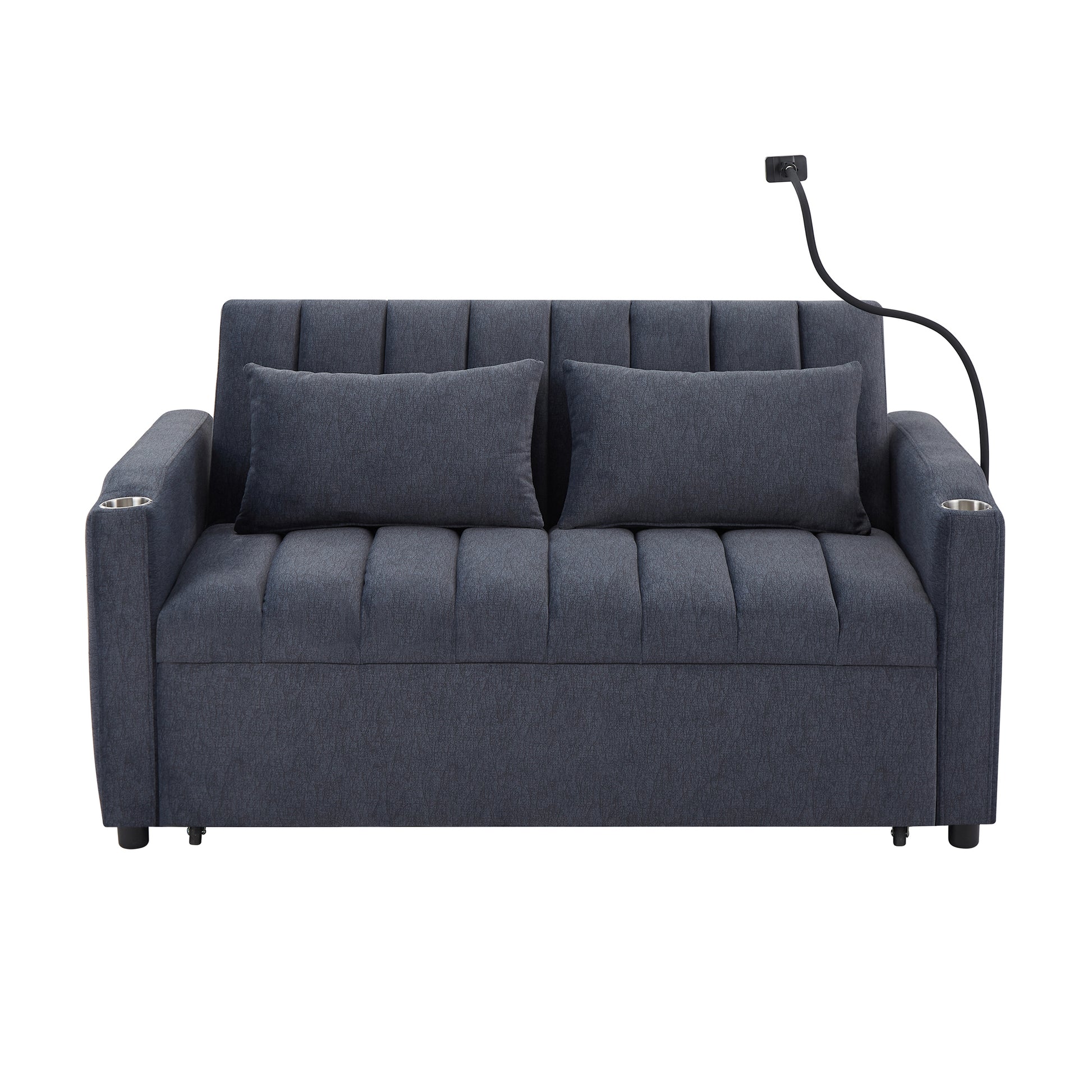 55.9" Convertible Sofa Bed Loveseat Sofa With Three Usb Ports, Two Side Pockets, Two Cup Holders And 360 Swivel Phone Holder For Living Room, Blue Grey Blue Gray Foam Polyester