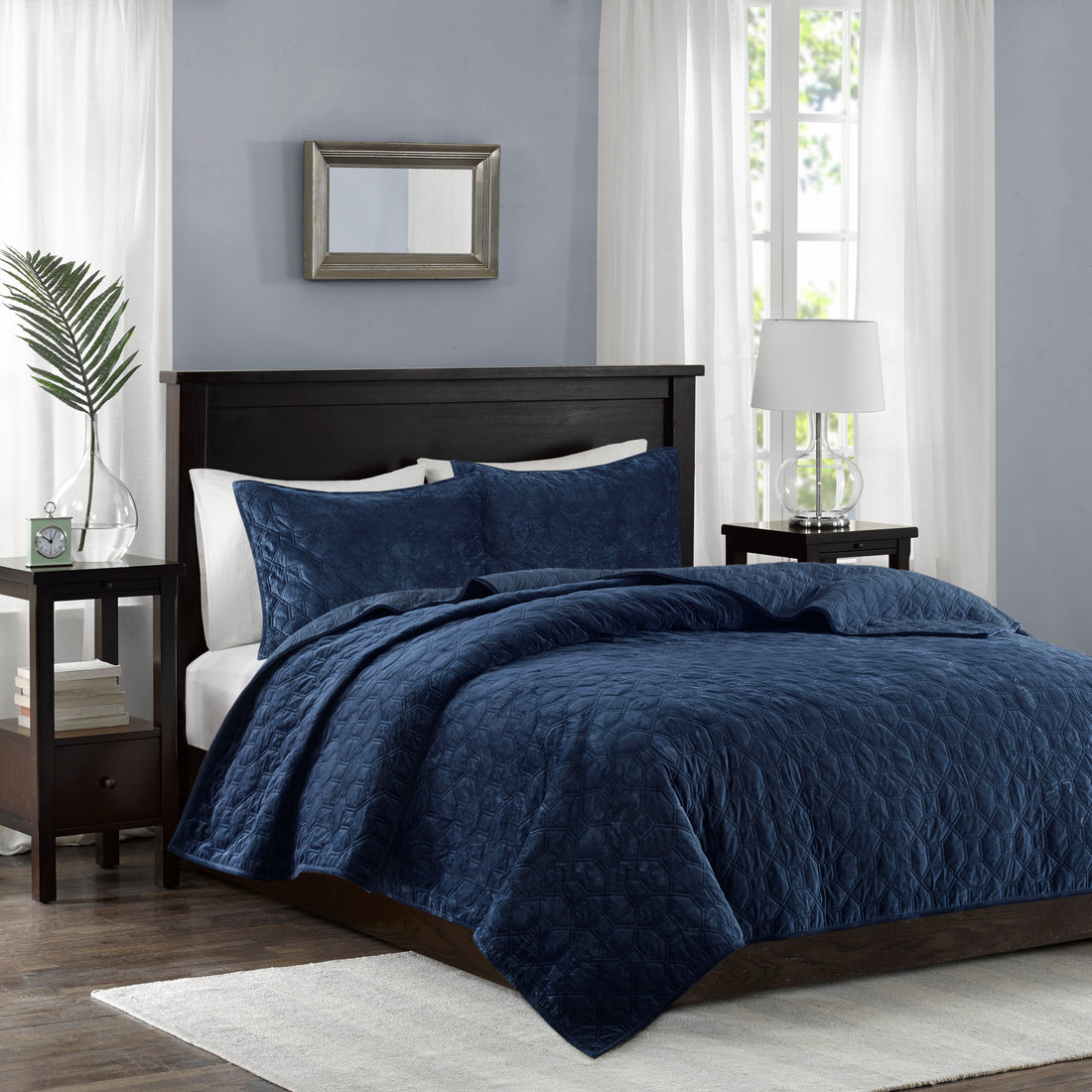 3 Piece Velvet Quilt Set Navy King Cal King King Navy Cotton