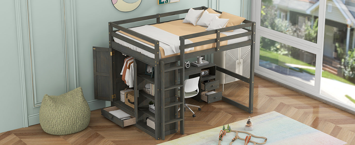 Wood Full Size Loft Bed With Built In Wardrobe, Desk, Storage Shelves And Drawers, Gray Box Spring Not Required Full Gray Wood Bedroom Solid Wood Mdf