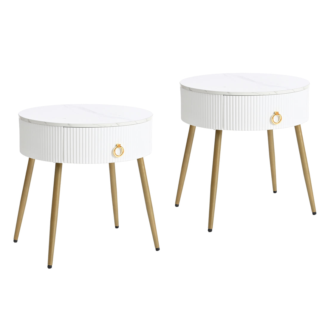 19.6'' Easy Assembly End Tables With High Gloss Faux Marble Tabletops, Set Of 2, Modern Fluted 2 Side Tables With Drawers, Round Coffee Tables With Golden Legs For Living Room, White White Gold Primary Living Space Drawers Round Mdf Iron