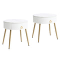 19.6'' Easy Assembly End Tables With High Gloss Faux Marble Tabletops, Set Of 2, Modern Fluted 2 Side Tables With Drawers, Round Coffee Tables With Golden Legs For Living Room, White White Gold Primary Living Space Drawers Round Mdf Iron