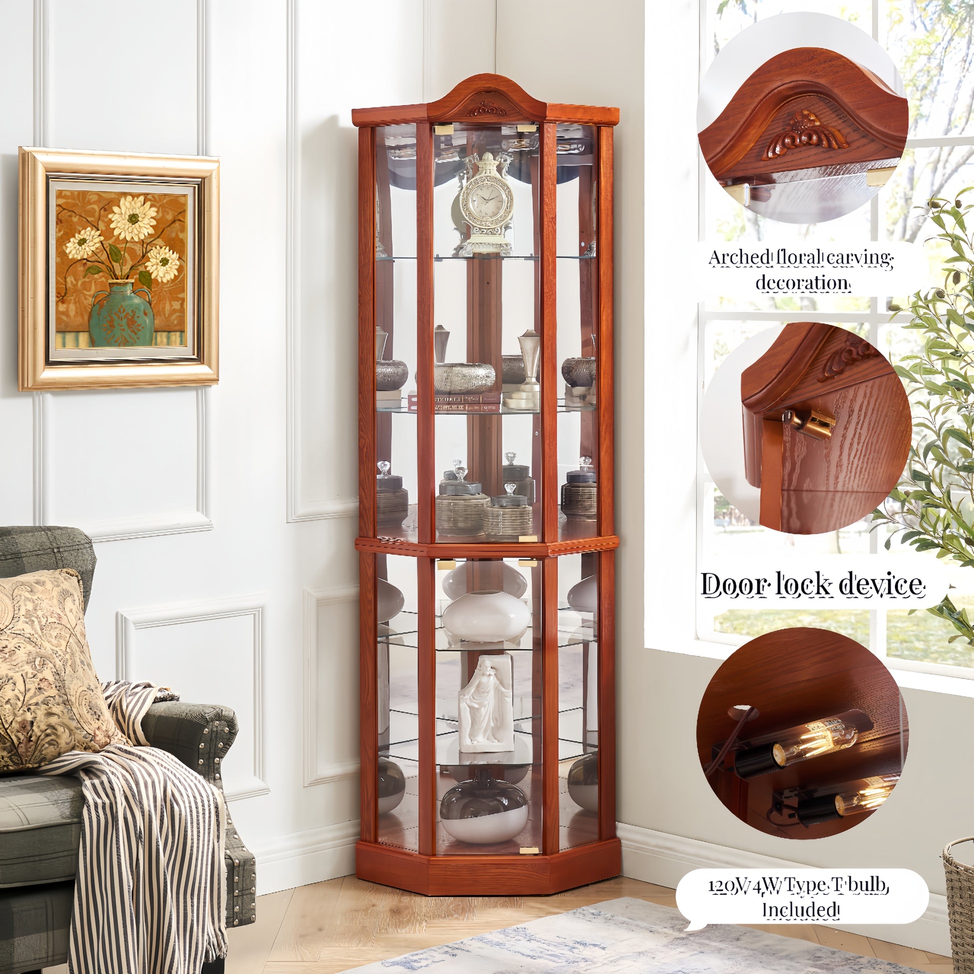 Glass Cabinet Lighted Corner Cabinet Corner Display Curio Cabinet, Glass Display With Light Included Bar Cabinet,Wine Cabinet With Adjustable Glass Shelves Carved Decoration Oak Light Included Oak Mdf Glass