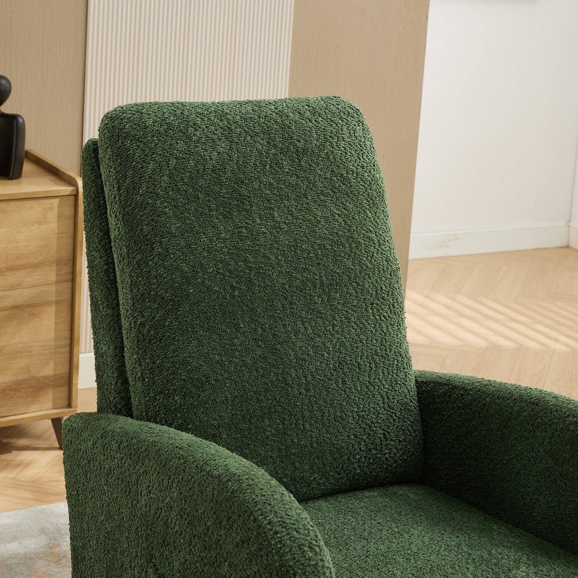 25.4"W Rocking Chair For Nursery, High Back Glider Chair With Retractable Footrest, Side Pocket, Rocking Accent Armchair With Rubber Wood Legs For Living Room Bedroom.Green Green Boucle