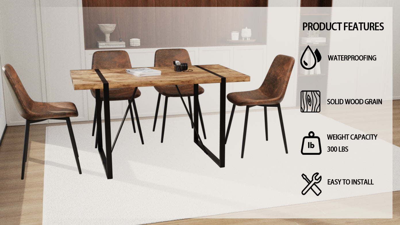 Mdf Dark Wood Dining Table And Modern Dining Chair 4 Piece Set, Medieval Wooden Kitchen Dining Table Set, Rectangular Metal Base, Dining Table And Suede Chair Wood Mdf