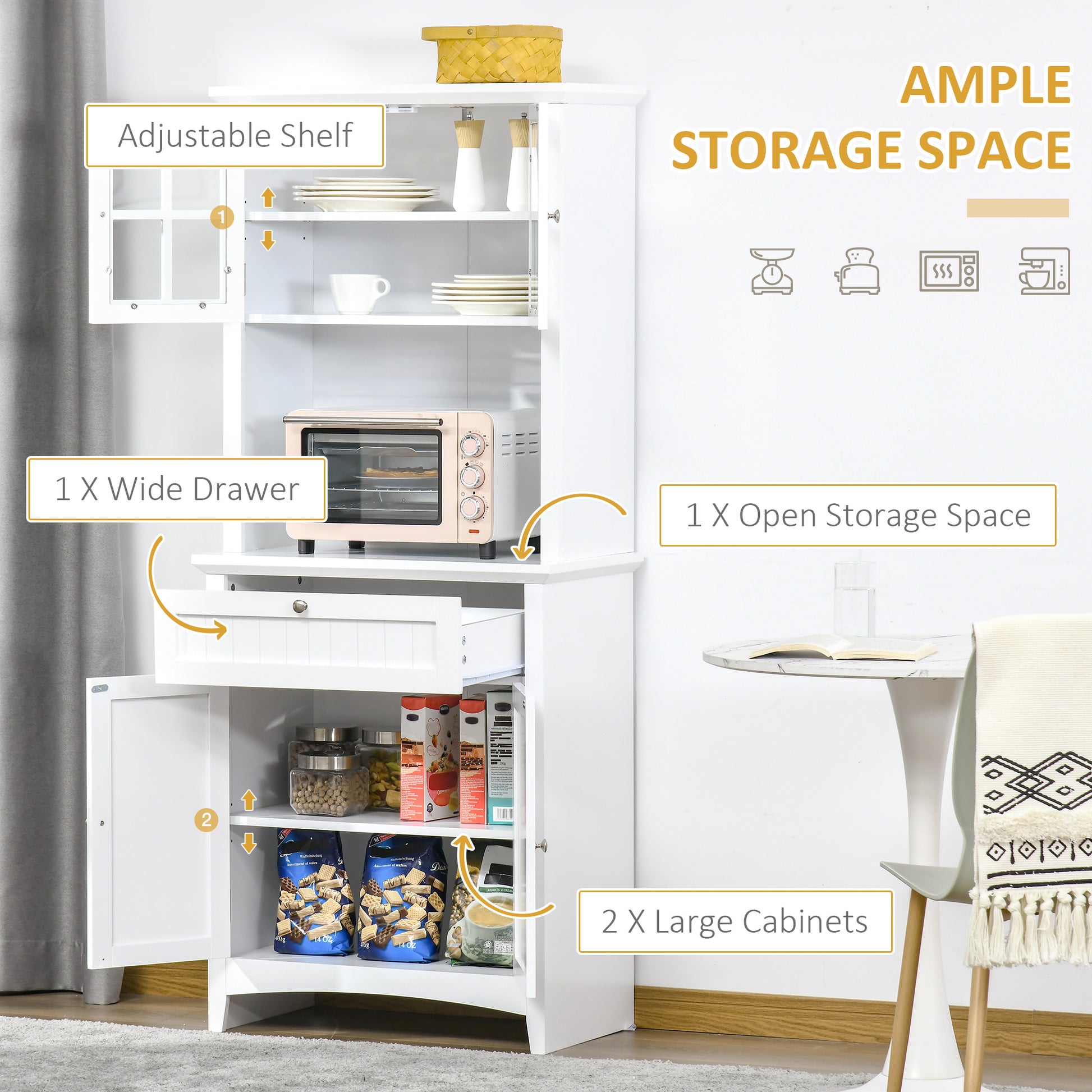 Homcom Elegant Buffet With Hutch, Kitchen Pantry Storage Cabinet With Framed Glass Door Drawer And Microwave Space, White White Mdf