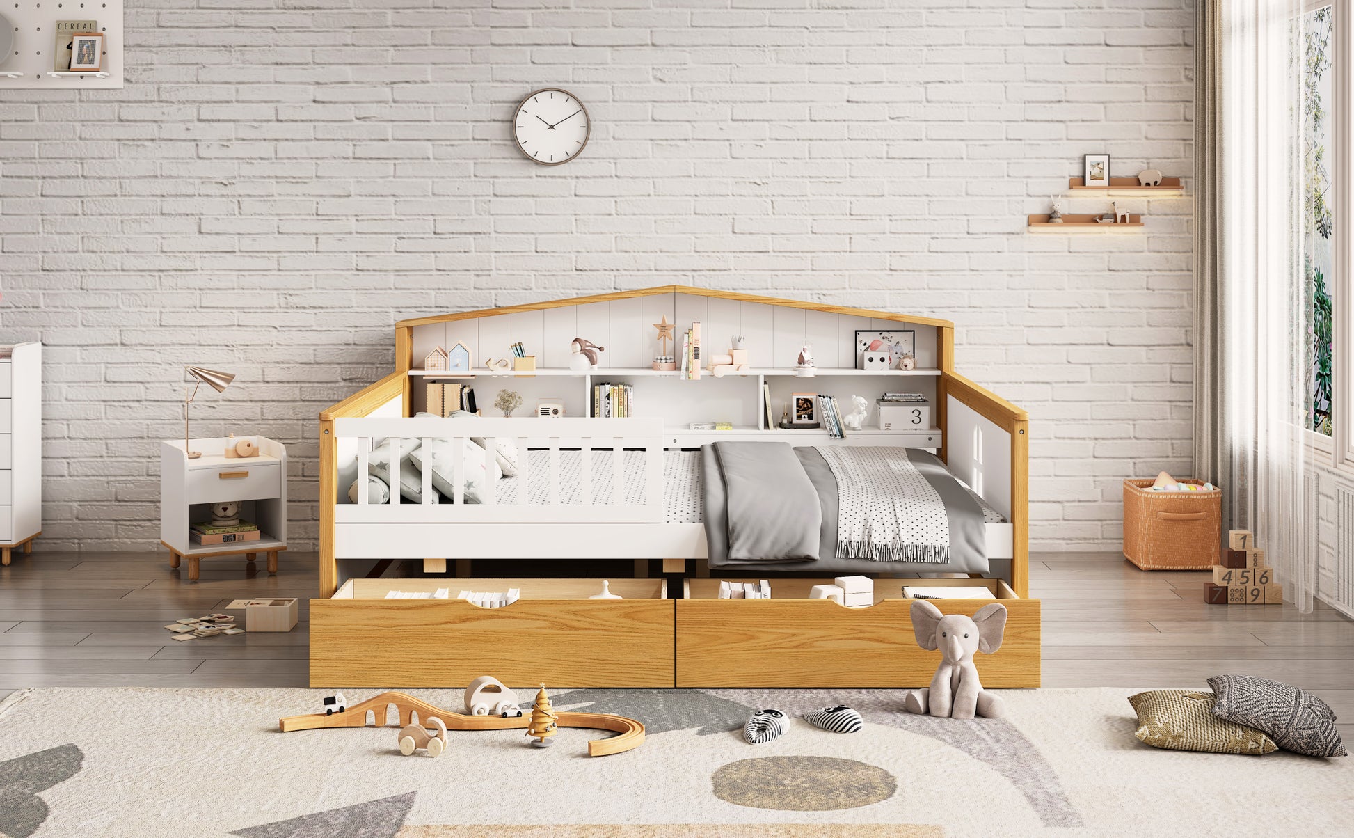 Full Size House Shape Daybed With Two Drawers And Bookcase Headboard Wooden Bed For Girls Boys Teens, No Box Spring Needed, Walnut And White Box Spring Not Required Full White Walnut Wood Bedroom Cute Pine Bed Frame Wood