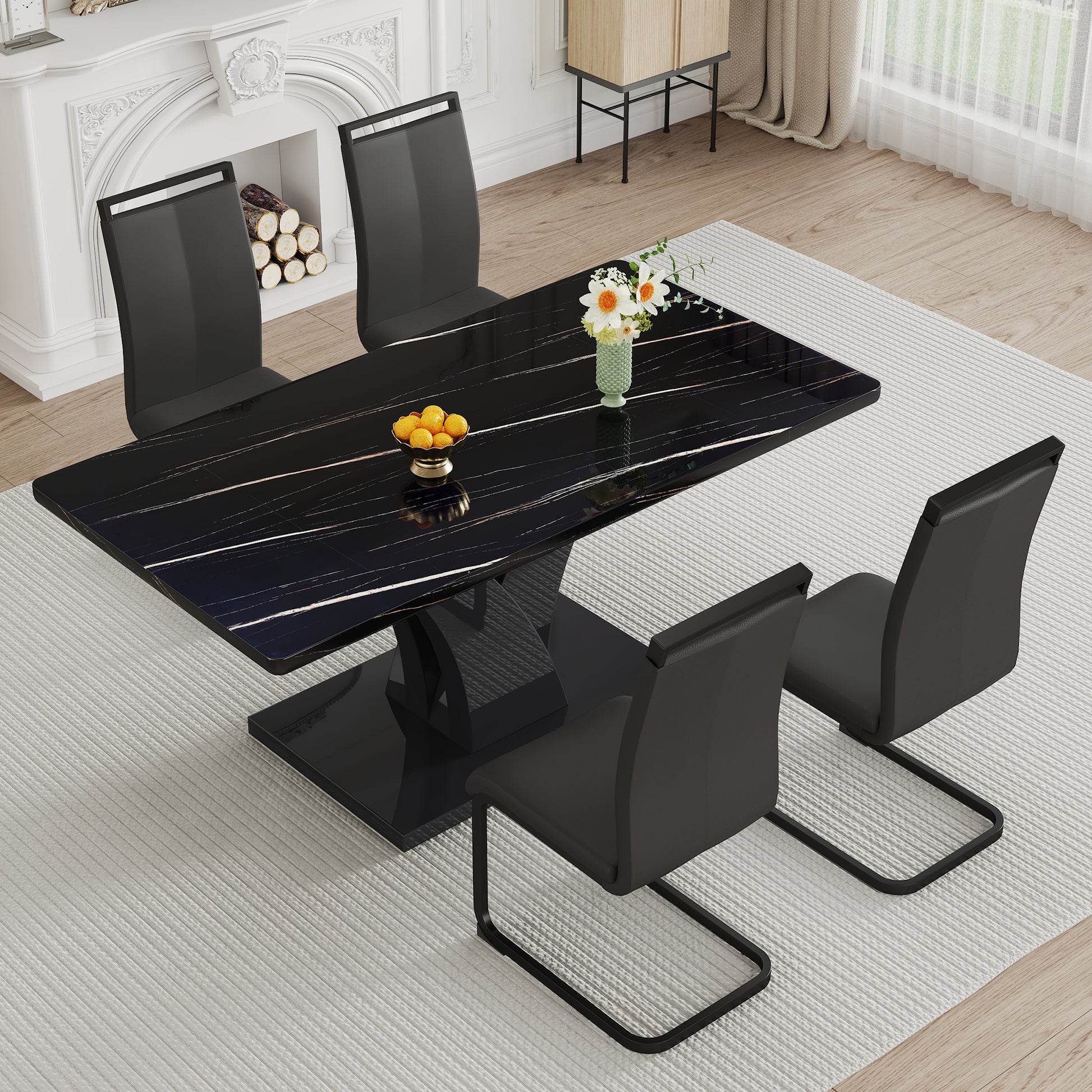 Table And Chair Set, Modern Dining Table, Black Tabletop And Black Mdf Leg Table, Soft And Comfortable Dining Chair, Perfect For Dinner, Meetings, Home And Office Decor Black Mdf