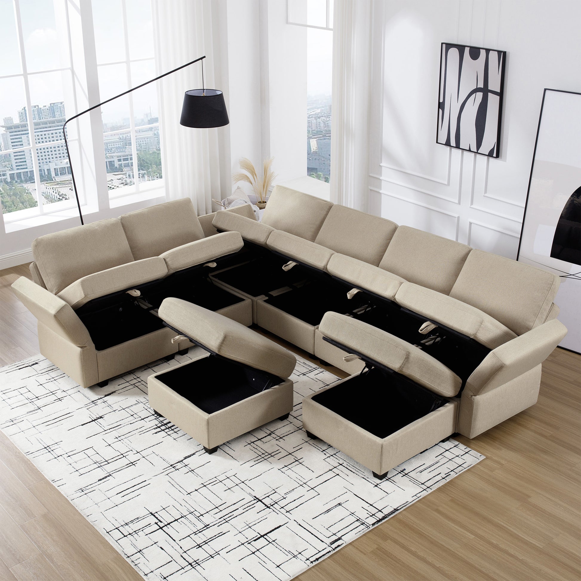 Modular Sectional Sofa With Storage Seat Oversized U Shaped Couch With Reversible Chaise Sofa Set With Ottoman,Ultimate Comfort 6 8 Seater Couches With Adjustable Arms And Backs For Living Room Beige Beige Polyester 6 Seat