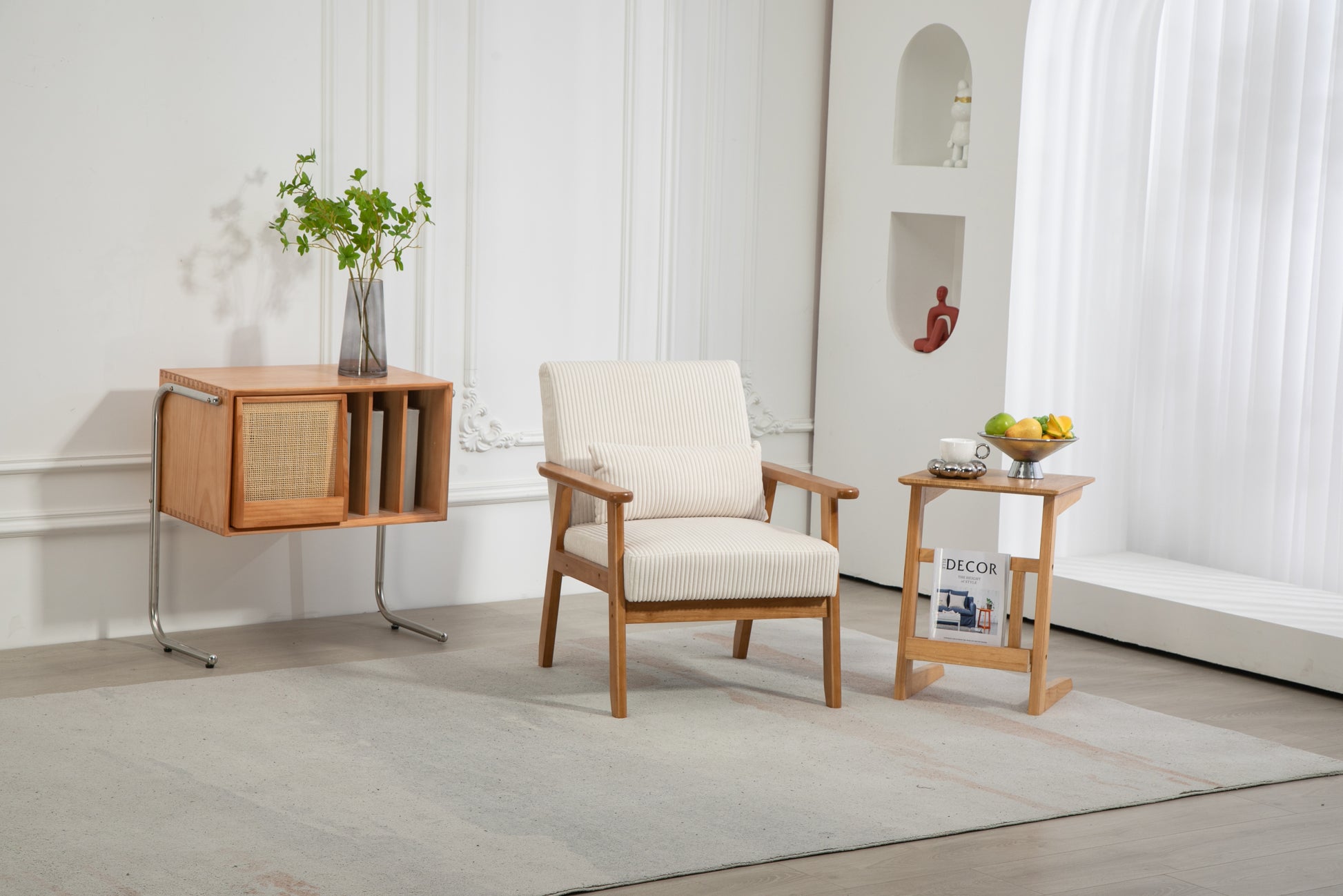 Leisure Chair With Solid Wood Armrest And Feet, Leisure Chair, Wood Frame, Velvet, L, Solid Rubber Wood Legs, Mid Century Modern Accent Chair, For Living Room Bedroom Studio Chair Beige Corduroy