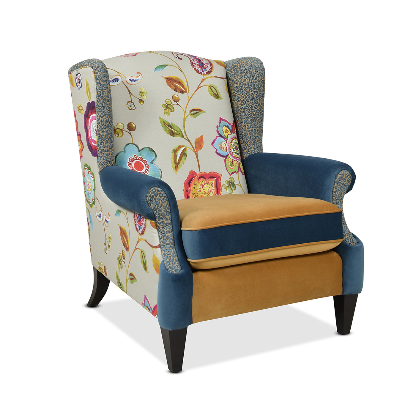 Anya Boho Chic Wingback Accent Arm Chair, Floral & Leopard, Blue Teal & Yellow Gold Velvet Teal Multi Foam Fabric