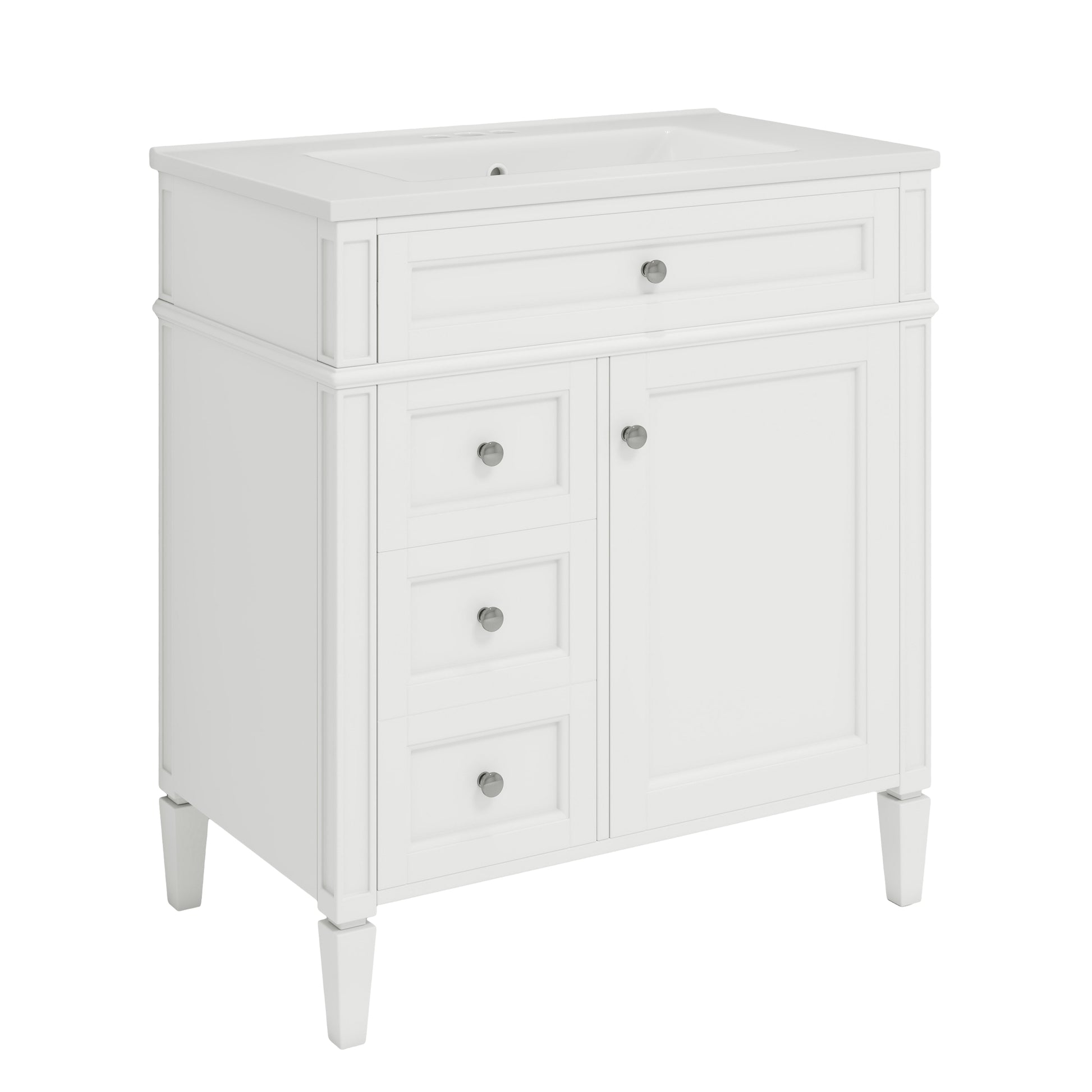 30'' Bathroom Vanity With Top Sink, Modern Bathroom Storage Cabinet With 2 Drawers And A Tip Out Drawer, Freestanding Vanity Set With Mirror Cabinet, Single Sink Bathroom Vanity White Bathroom Solid