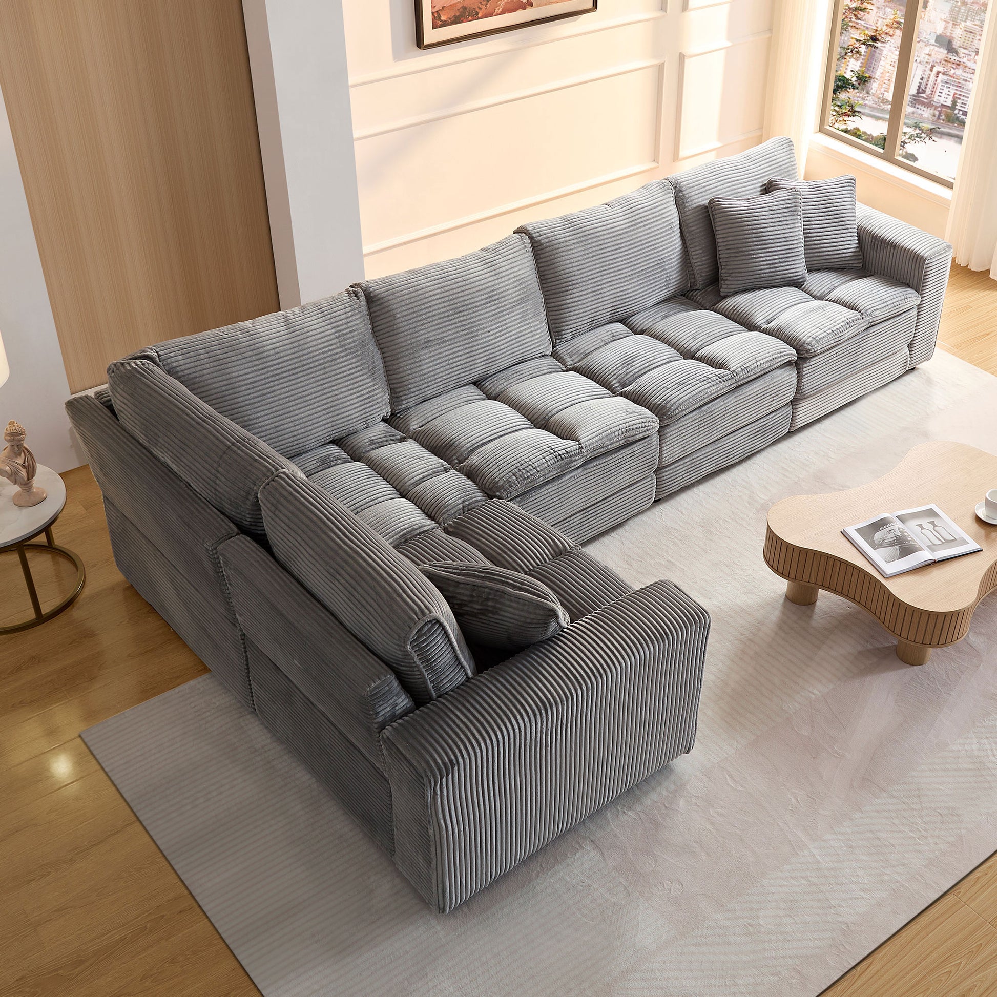 5 Seats,Oversized Sectional Sofa,L Shaped Corner Couch With Detachable Seat & Back Cushion, Corduroy Upholstery Convertible Sleeper Sofa&Couch For Living Room Grey Fabric 5 Seat
