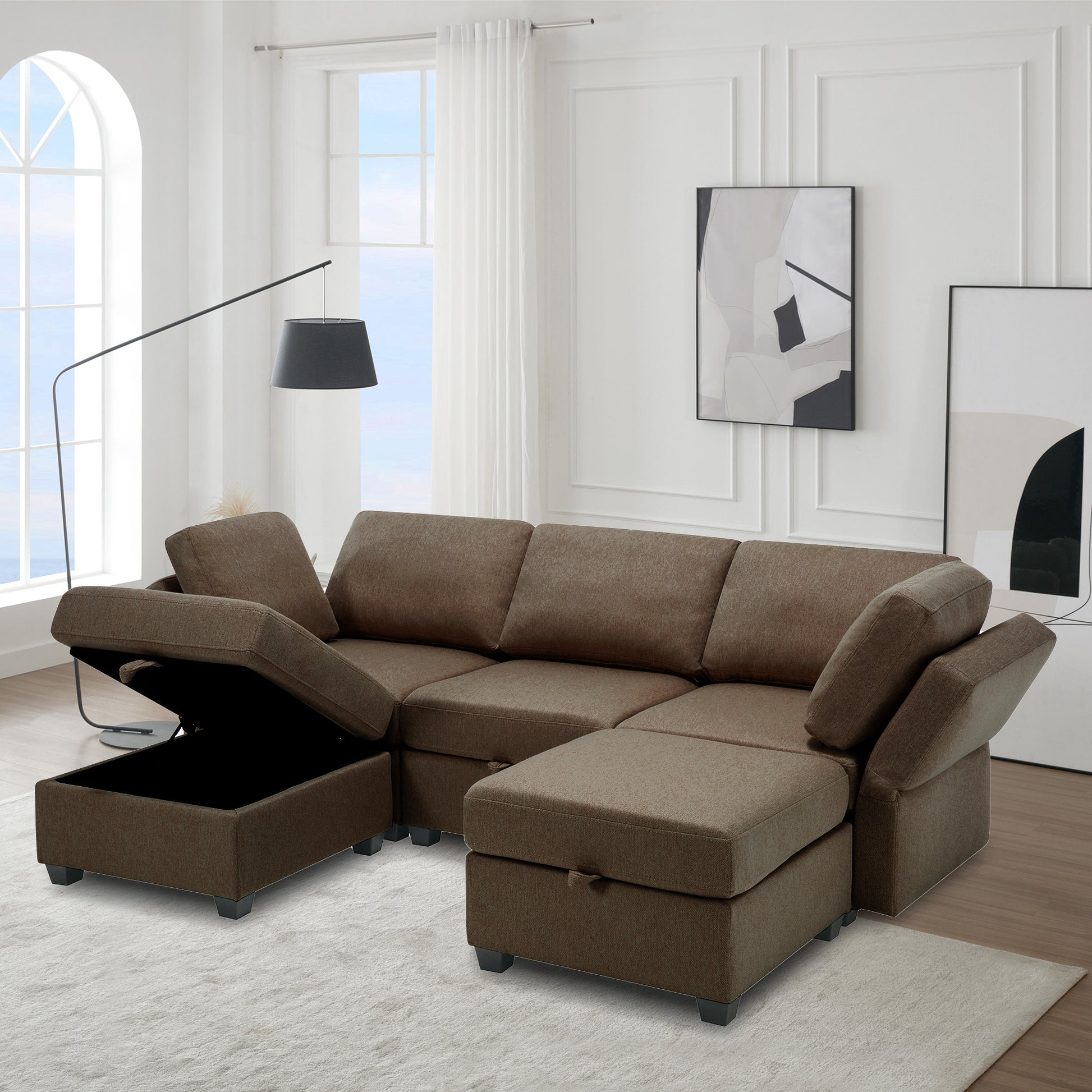 Reversible Sectional Sofa Modern Modular Sectional Couch With Chaise U Shaped Corner Sectional 5 Seater Modular Sofa With Storage Seats, Adjustable Arms And Backs Brown Brown Polyester 3 Seat