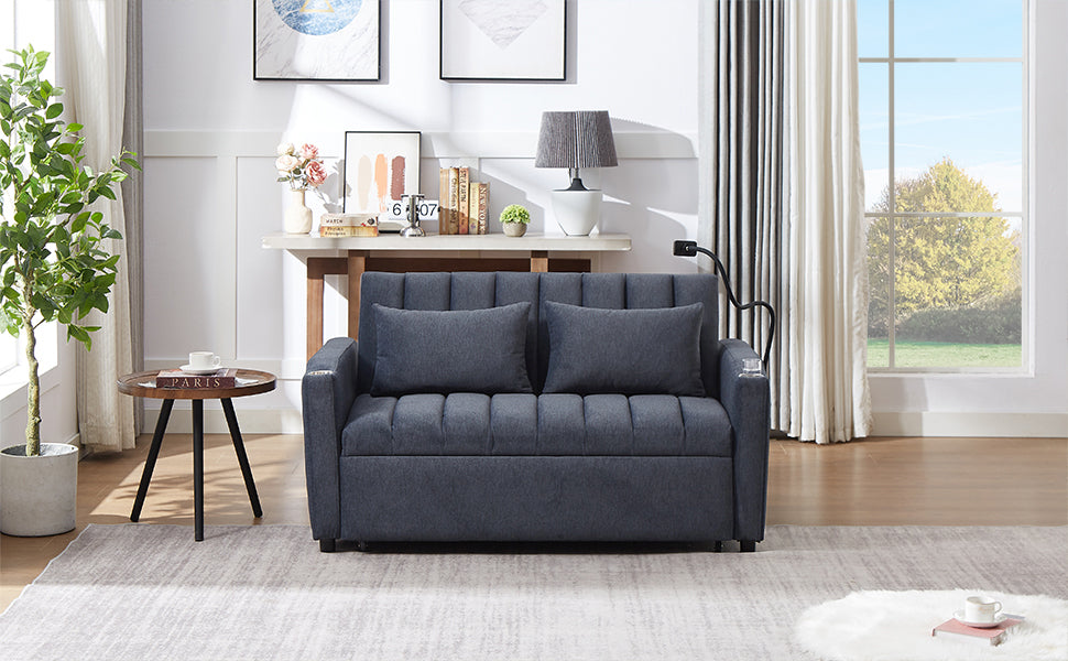 55.9" Convertible Sofa Bed Loveseat Sofa With Three Usb Ports, Two Side Pockets, Two Cup Holders And 360 Swivel Phone Holder For Living Room, Blue Grey Blue Gray Foam Polyester