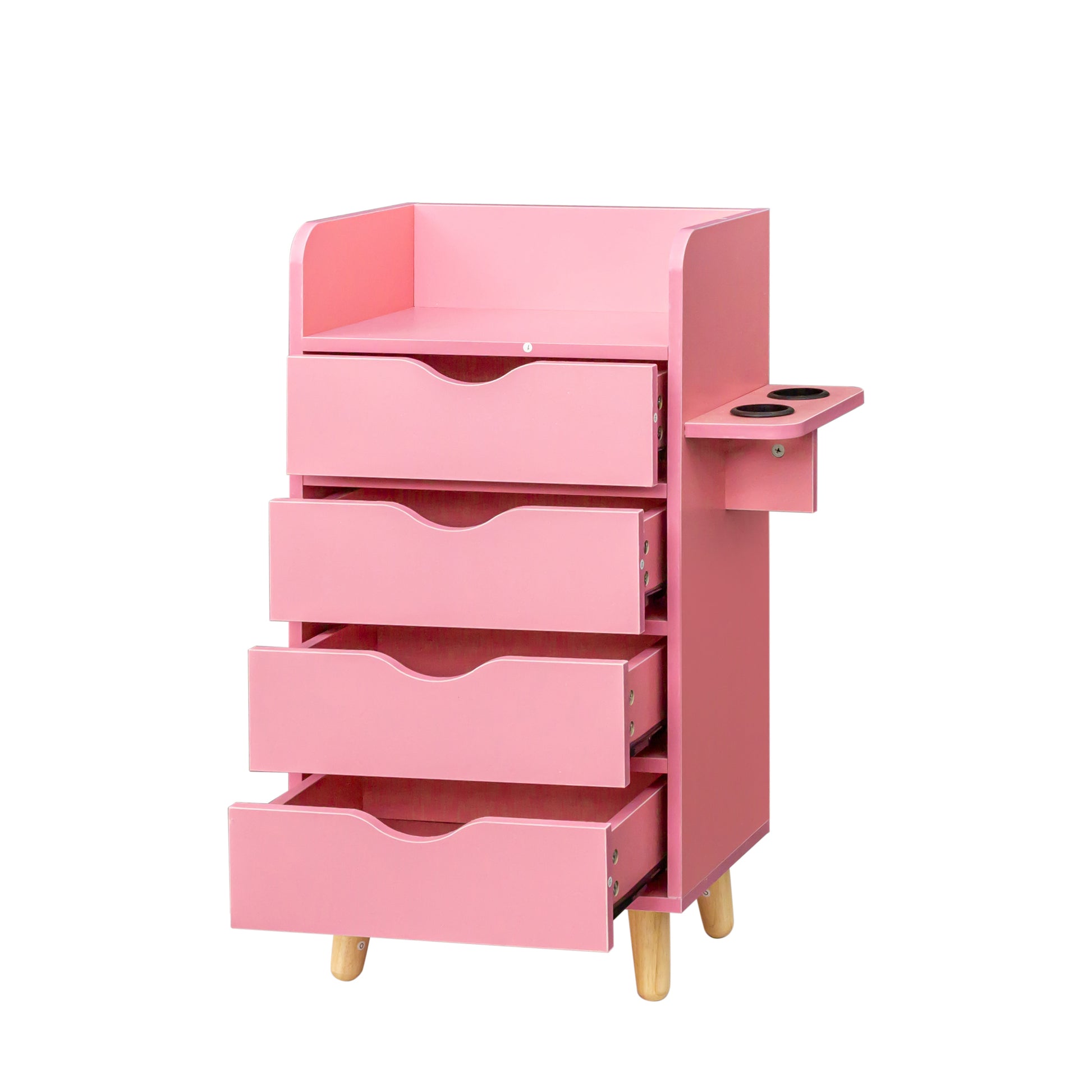 4 Layer Salon Storage Cabinet,Beauty Barber Salon Styling Station Organizer Equipment,Hair Stylist Station Set With 2 Hair Dryer Holders,4 Drawers And Raised Table Legs Pink Mdf