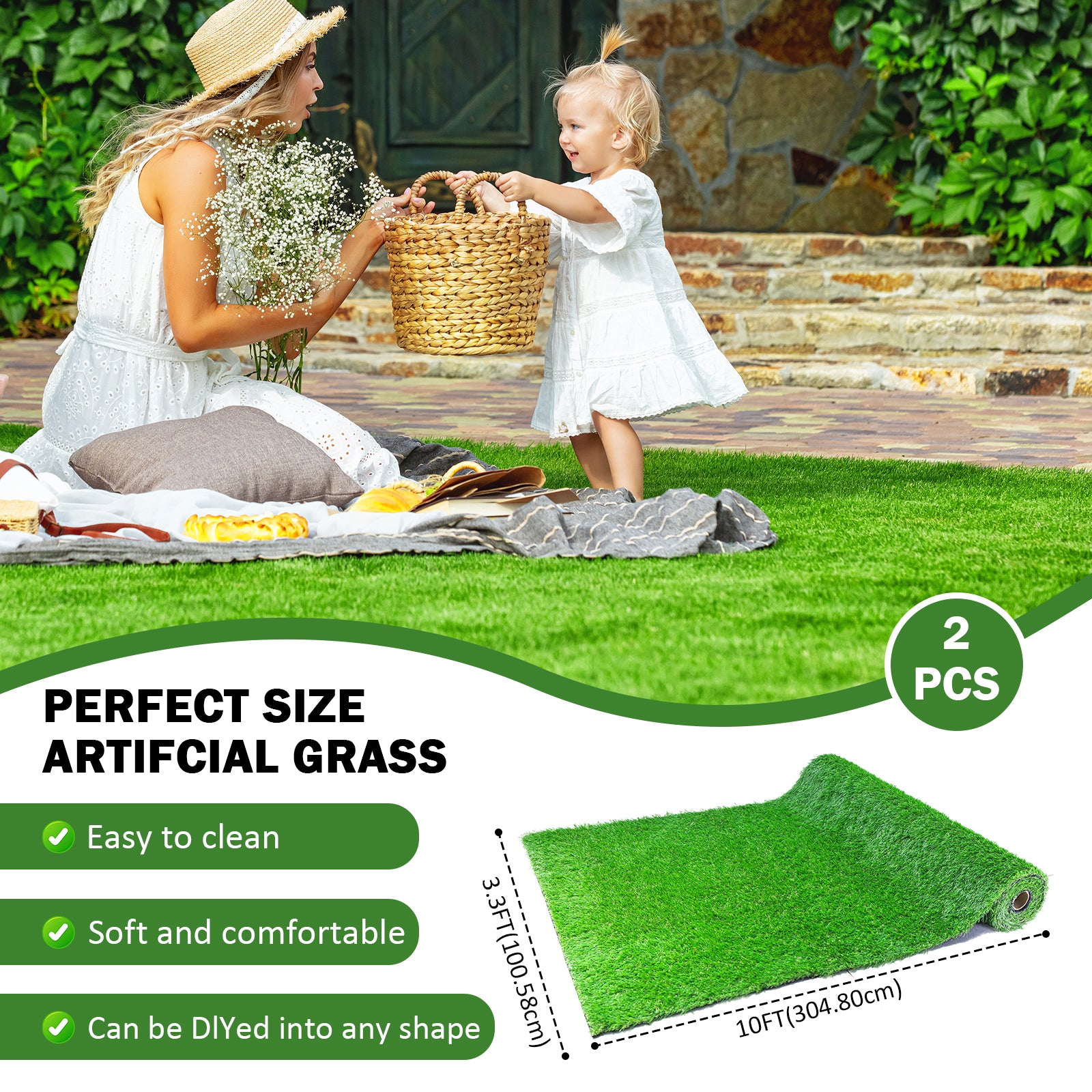 2Pack 3.3Ftx10Ft Artificial Grass Realistic Synthetic Thick Fake Faux Grass Rug Astroturf Carpet Landscape For Dogs Indoor Outdoor Garden Lawn Mat, With Drainage Holes Green Polypropylene
