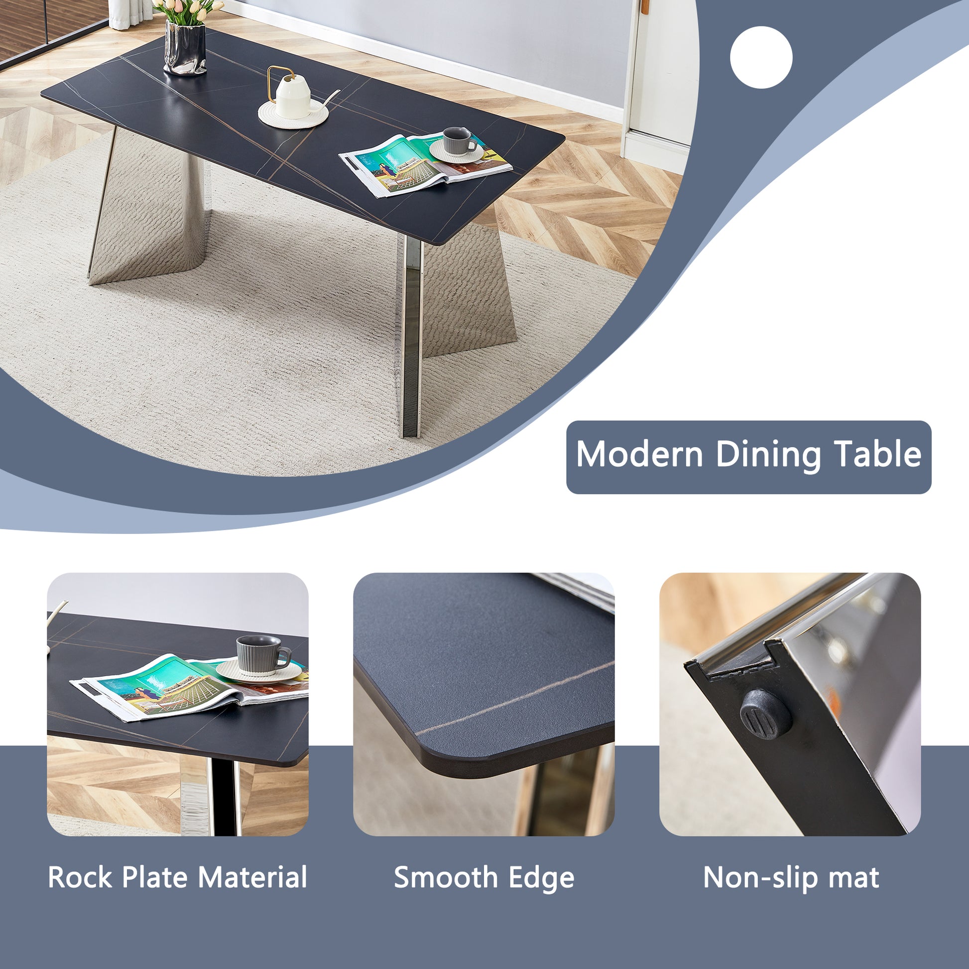 63"X31.5X30" Black Marble Patterned Slab Dining Table With Stainless Steel Butterfly Legs.The Tabletop Is Designed To Be Scratch And Heat Resistant.Slabs Tabletop,Stainless Steels Legs. Black,Silver