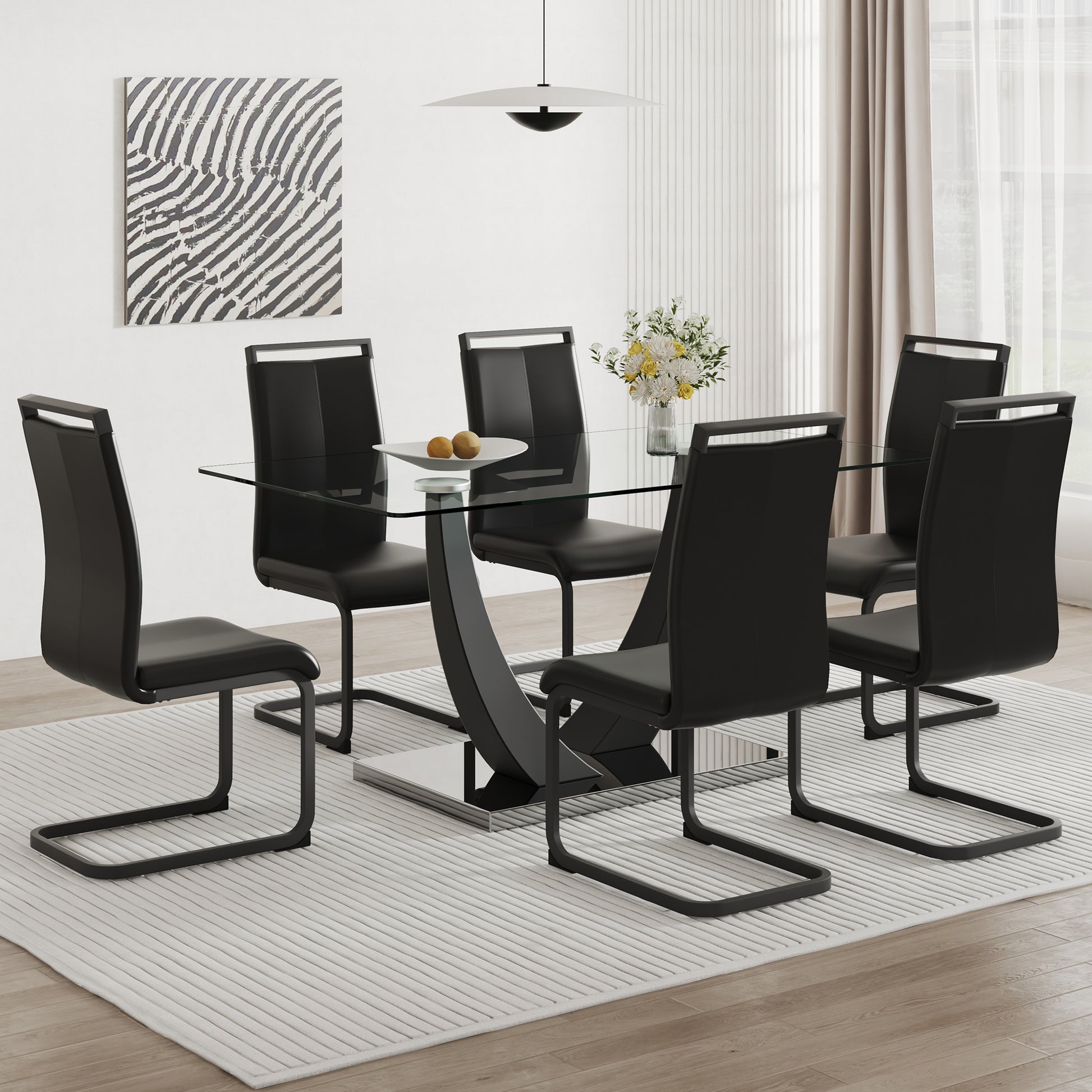 Table And Chair Set.Large Rectangular Glass Dining Table, 0.39 "Tempered Glass Countertop And Black Metal Shaped Bracket.Comes With Chairs With Faux Leather Cushions.Suitable For Kitchen, Dining Room. Black Seats 6 Glass Metal