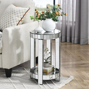 Mirror Round Table With Crystal Inlay, 2 Layer Modern Small Sofa Table With Storage Space, Silver Decorative Table Suitable For Living Room, Bedroom, Coffee And Small Spaces Mirrored Finish Primary