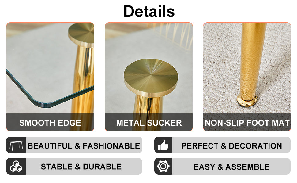Table And Chair Set.Modern Rectangular Glass Dining Table With Tempered Glass Countertop And Golden Metal Legs, Paired With Multiple Transparent High Quality Pet Dining Chairs With Golden Legs. Gold Seats 6 Tempered Glass
