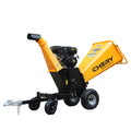 6'' Inch 420Cc 15Hp Pull Start Gas Powered 4 Wheels Wood Chipper Shredder Mulcher With Towbar Stop Bar Yellow Steel Steel