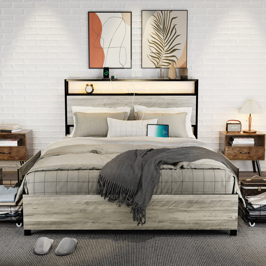 Queen Size Bed Frame With 4 Storage Drawers And 2 Usb Ports, Upholstered Platform Bed Frame With Storage Headboard Charging Station And Metal Slat Support, No Box Spring Needed, Dark Grey. Box Spring Not Required Queen Dark Grey Metal Bedroom Bed Frame