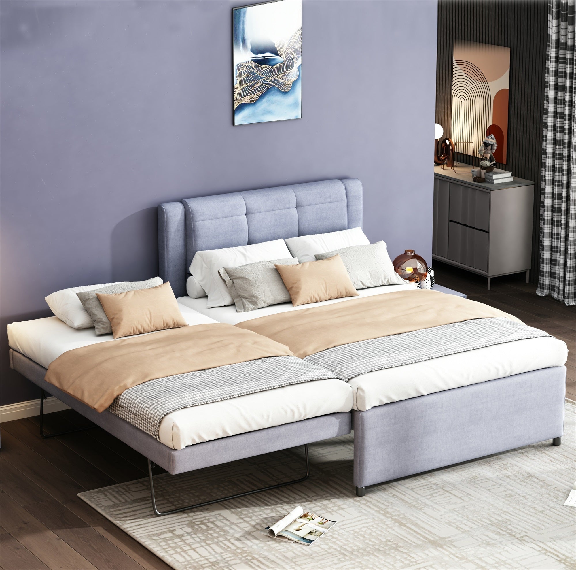 Full Size Upholstery Platform Bed With Trundle,Trundle Can Be Flat Or Erected, Gray Box Spring Not Required Full Gray Bedroom Linen Upholstered