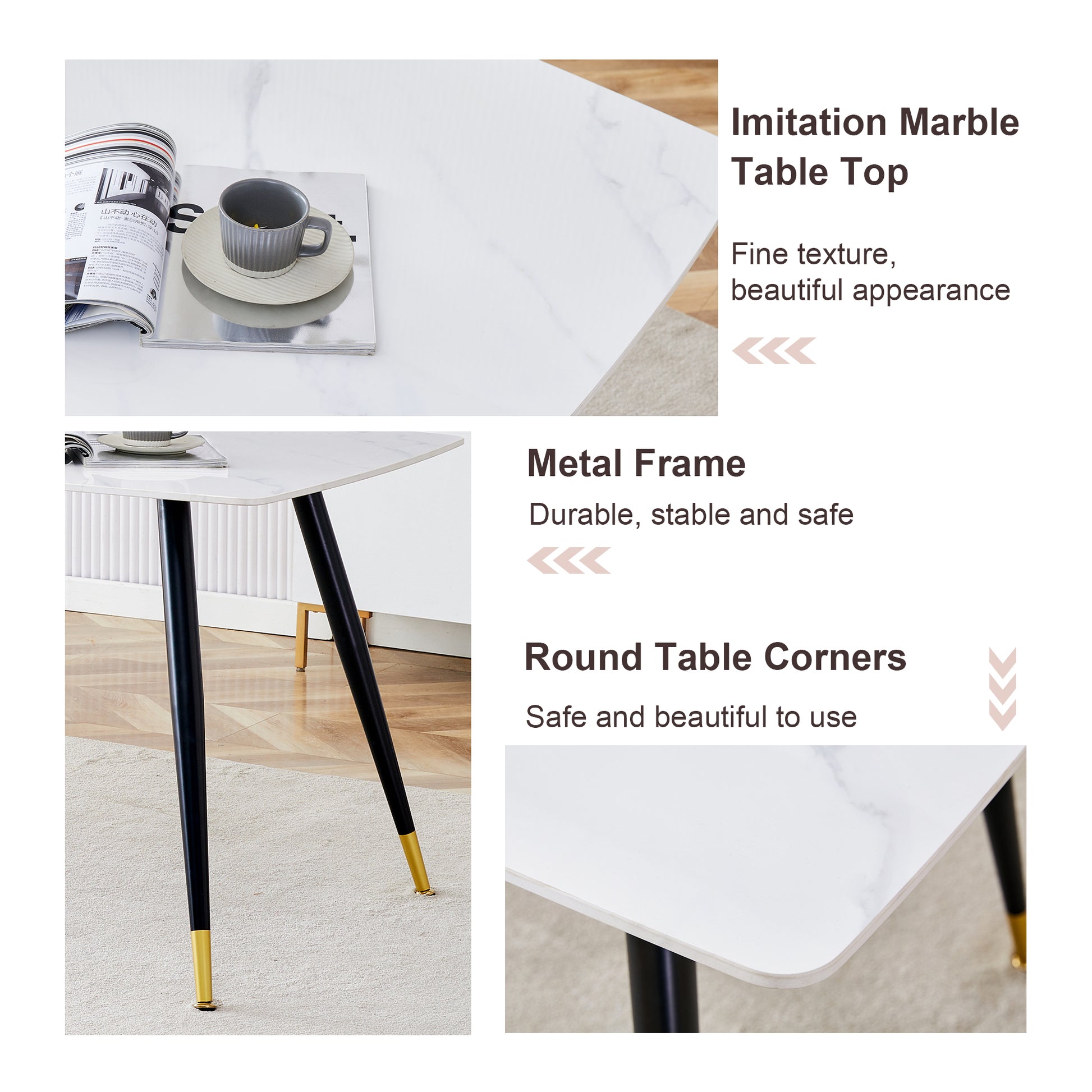 Table And Chair Set, White Imitation Marble Texture Rock Board Table Top, Black Metal Table Legs.Paired With 4 White Artificial Leather Backrest Cushion Dining Chairs With Black Metal Legs. White Black Seats 4 Metal