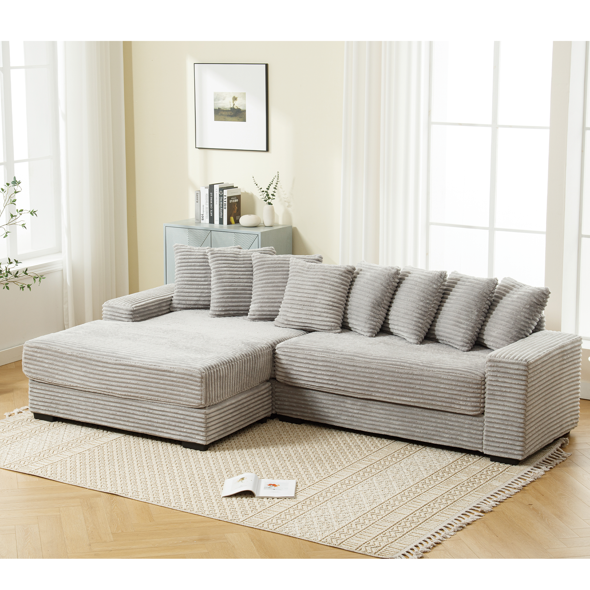 Arrived Oversized Two Piece Couches, L Shaped Sofa, Corduroy, Left Chaise Daybed,With Armrests,Eight Throw Pillows,Corner Sofa,Easy To Assemble, Gray Gray Polyester Wood Primary Living Space Medium Soft Pillow Back Modern Square Arms Wood 3 Seat