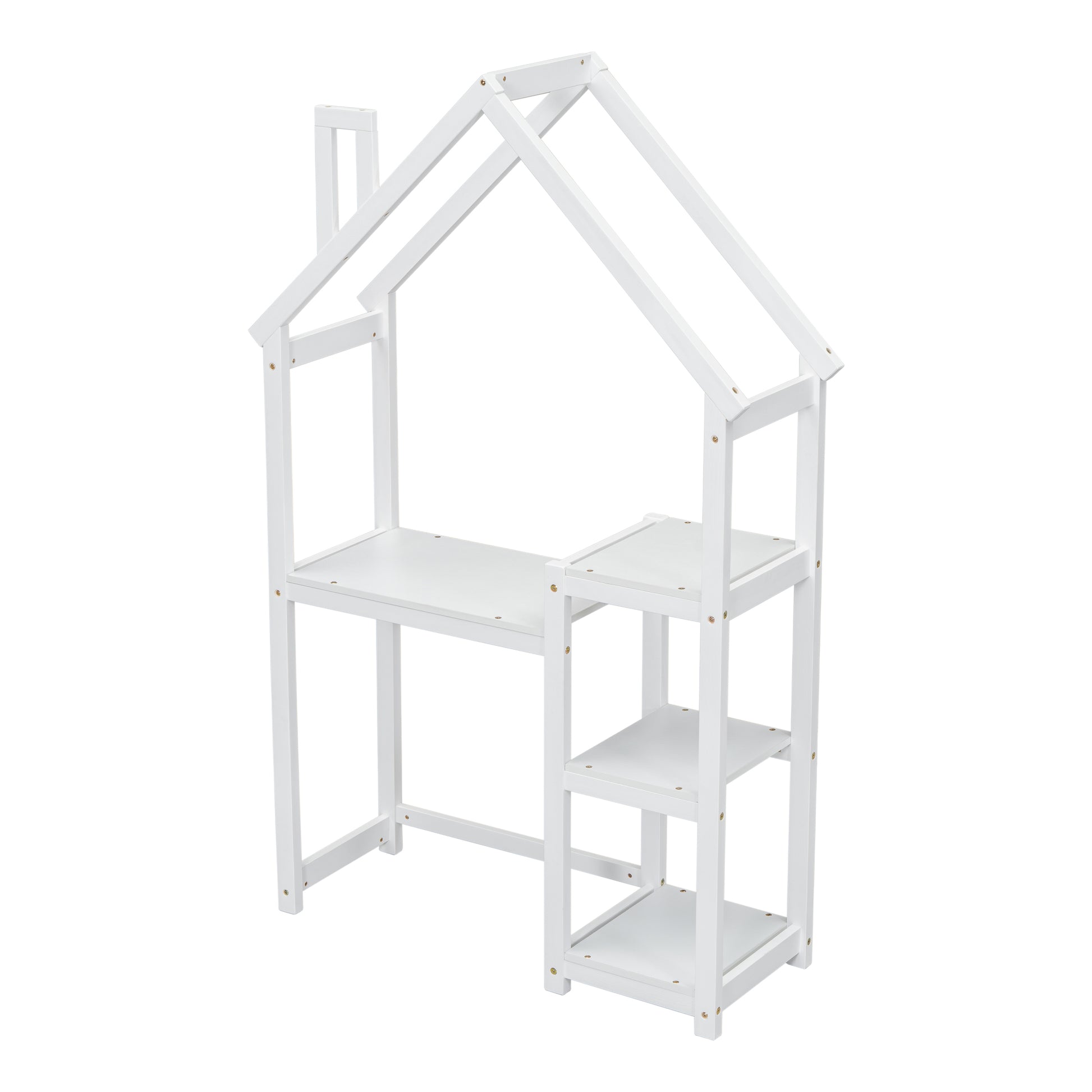 House Shaped Wooden Writing Desk,Kids Study Table,Bookshelf & Toy Storage,White Twin White American Design Pine