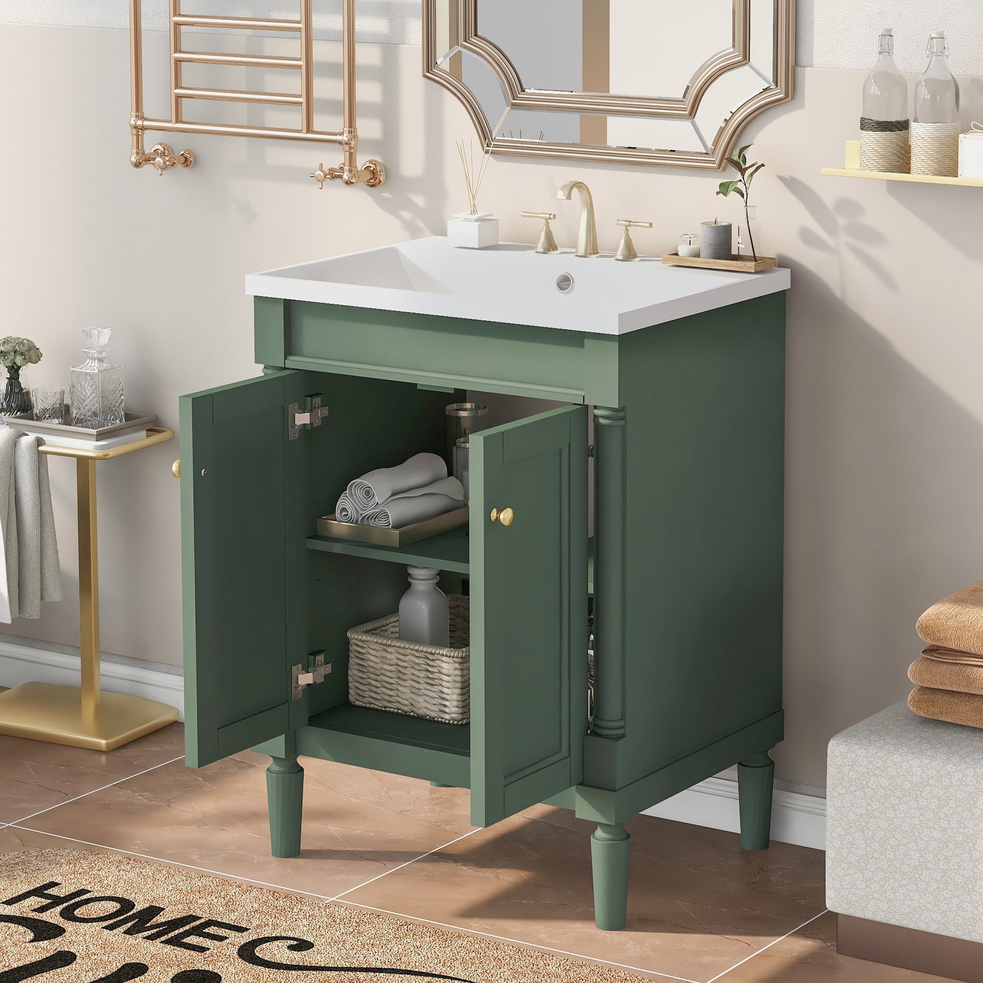 24'' Bathroom Vanity With Top Sink, 2 Tier Modern Bathroom Storage Cabinet, Single Sink Bathroom Vanity, Large Storage Shelves Green Mdf