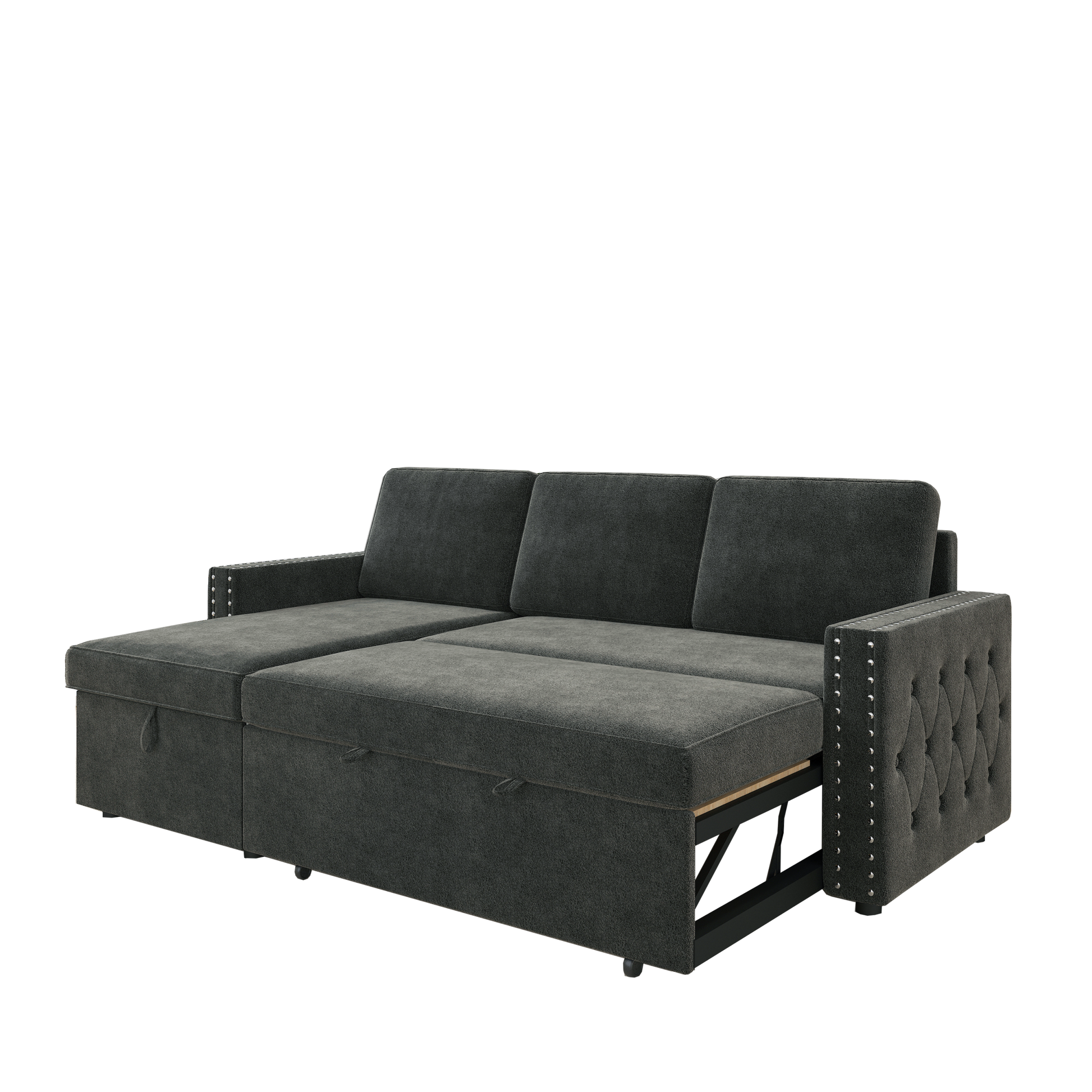 85 Inches Sofa Bed, 3 Seater Sleeper Sofa With Storage Chaise, Square Handrail With Pull And Copper Nail,Chenille Dark Grey, Pull Out Couch For Living Room Dark Grey Chenille 3 Seat