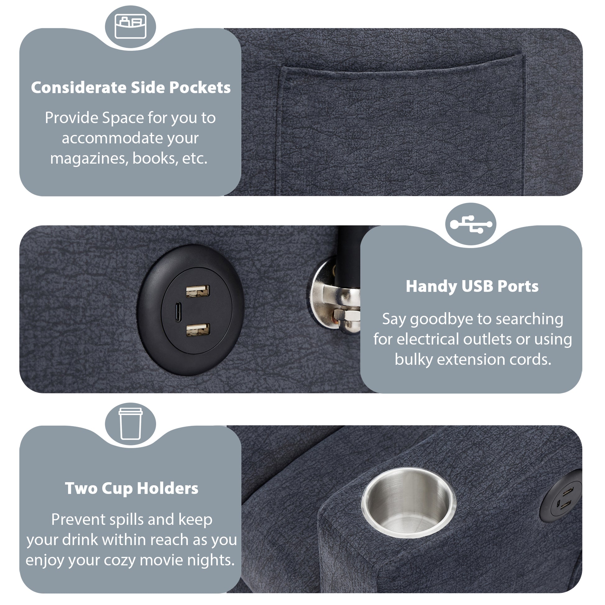 55.9" Convertible Sofa Bed Loveseat Sofa With Three Usb Ports, Two Side Pockets, Two Cup Holders And 360 Swivel Phone Holder For Living Room, Blue Grey Blue Gray Foam Polyester