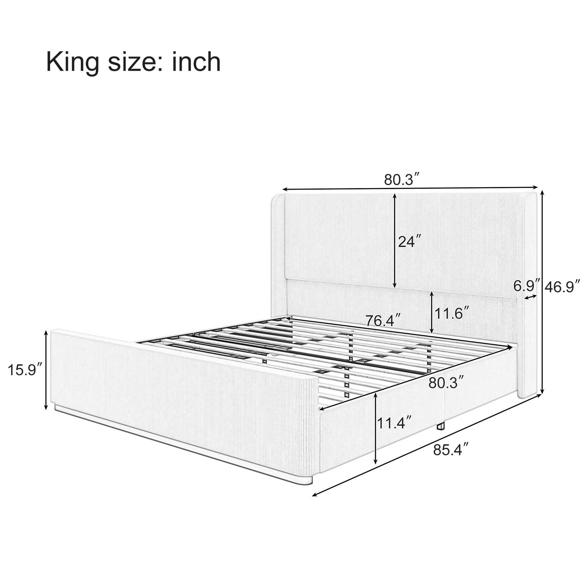 King Size Corduroy Upholstered Bed Frame With Vertical Stripe Wingback Headboard And High Footboard, Light Grey Light Grey Wood