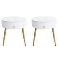 19.6'' Easy Assembly End Tables With High Gloss Faux Marble Tabletops, Set Of 2, Modern Fluted 2 Side Tables With Drawers, Round Coffee Tables With Golden Legs For Living Room, White White Gold Primary Living Space Drawers Round Mdf Iron