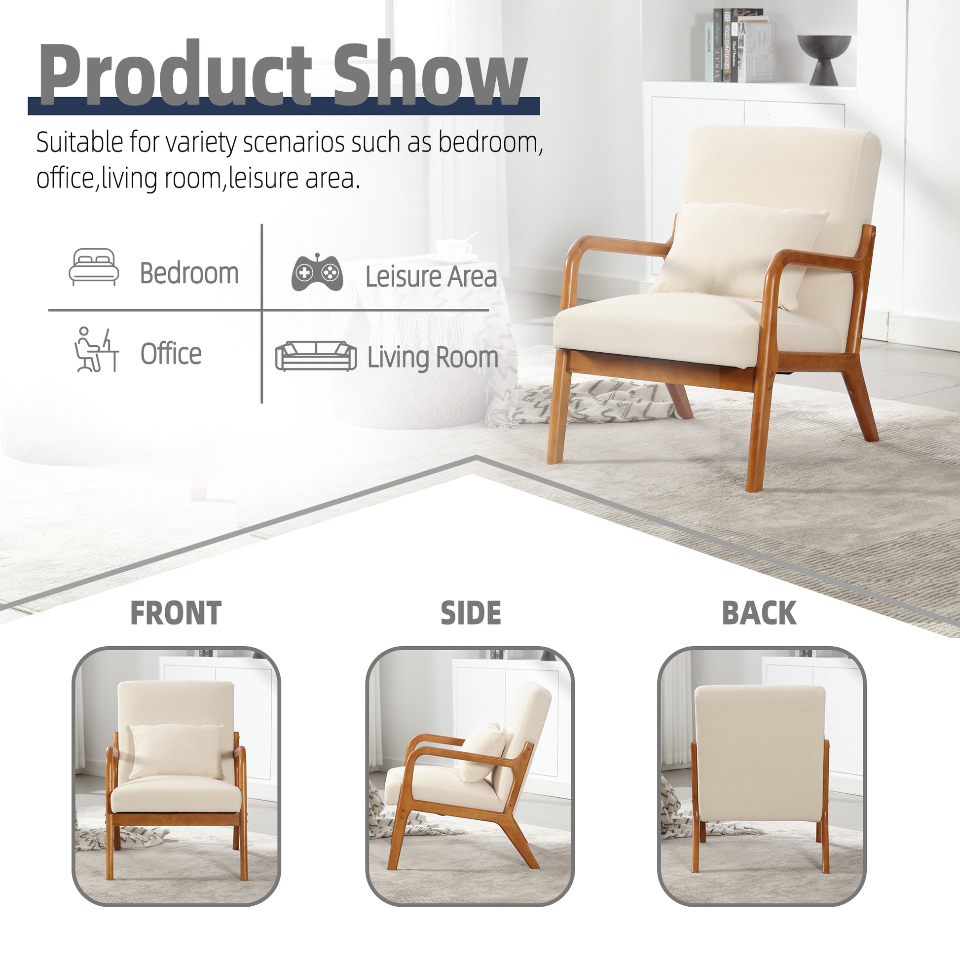Coolmore Modern Accent Chair, Solid Wood Padding Lounge Armchairs With One Pillow For Living Room, Bedroom, Guest Room Beige Beige Brown Primary Living Space Modern Rubberwood Foam Velvet