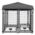 Outdoor Dog Kennel 4.5' X 4.5' X 4.8' With Waterproof Heavy Duty Metal Dog Cage,Outside Dog Enclosure With Lockable Door With Roof & Rotating Feeding Door,2 Bowl Holders And Bowls For Small Medium Dog Grey Outdoor Kennel Metal