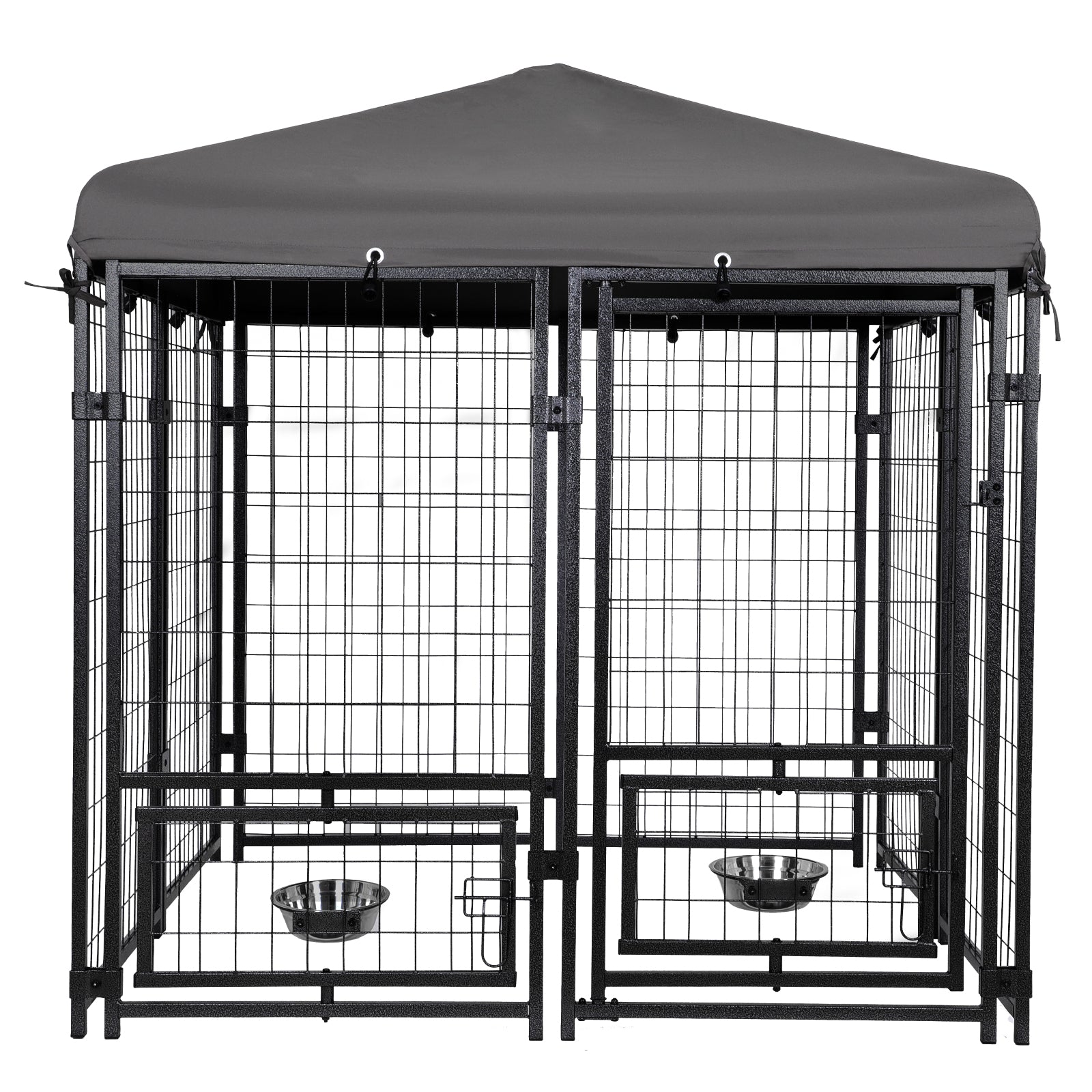 Outdoor Dog Kennel 4.5' X 4.5' X 4.8' With Waterproof Heavy Duty Metal Dog Cage,Outside Dog Enclosure With Lockable Door With Roof & Rotating Feeding Door,2 Bowl Holders And Bowls For Small Medium Dog Grey Outdoor Kennel Metal