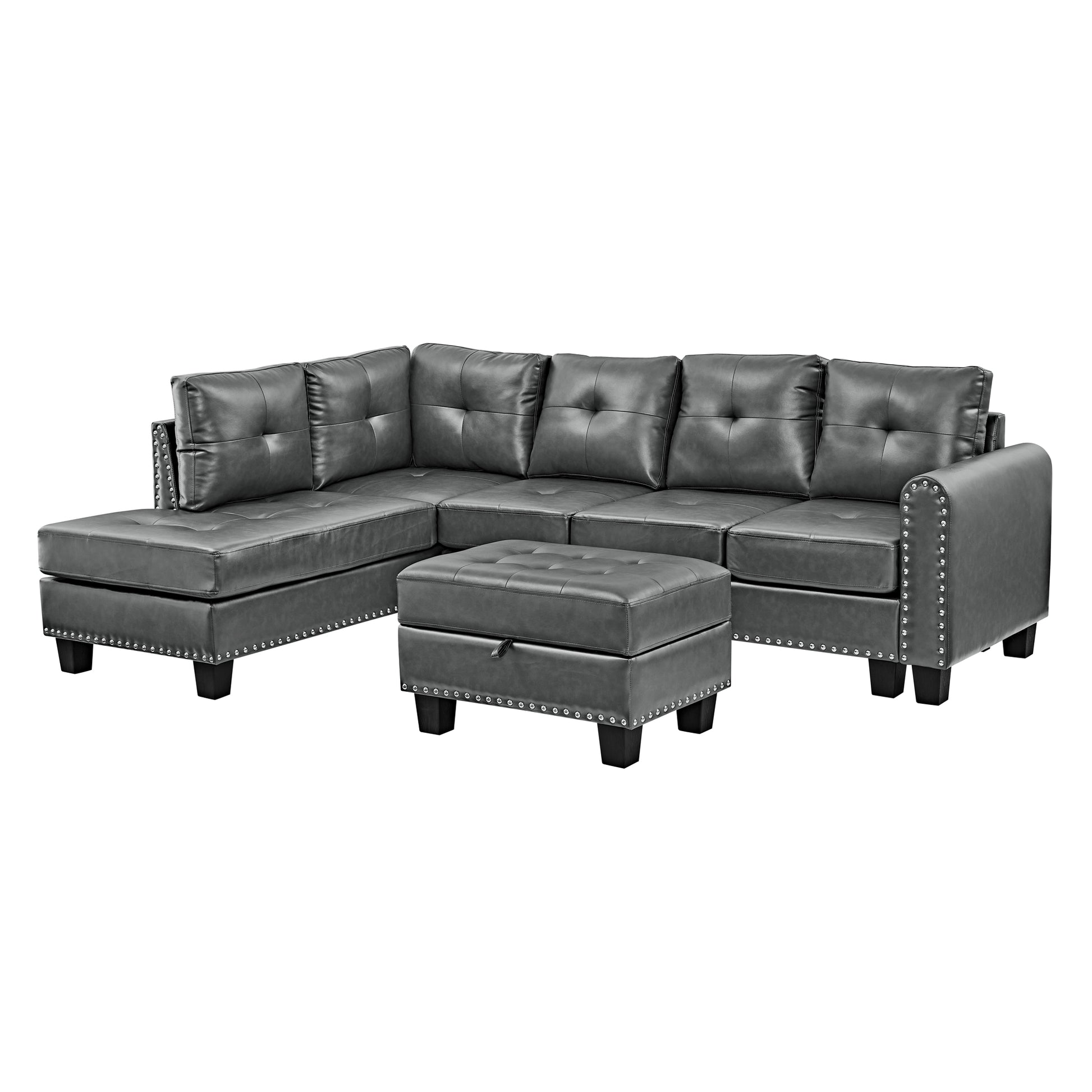 Sectional 3 Seaters Sofareversible Recliner, Storage Pad And Wood Grain Cup Holder, Non Slip Leg, Pu, Grey Gray Pu 3 Seat