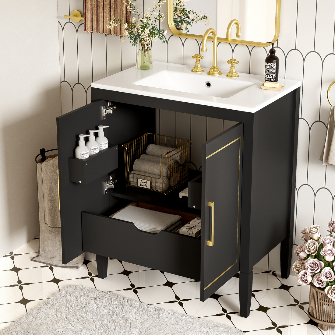 30 Inch Bathroom Vanity With Ceramic Basin, Soft Close Door, Built In Hidden Drawer Black Bathroom Solid Wood Mdf