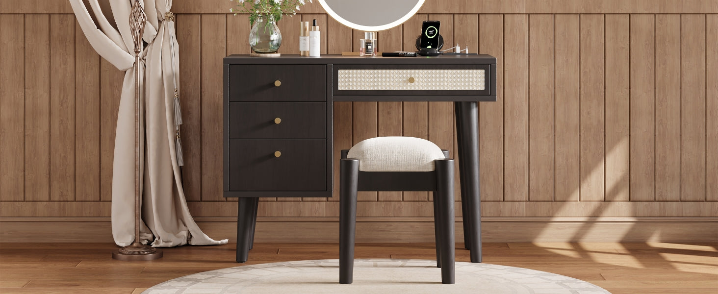 39" Retro Bohemian Style Wooden Makeup Vanity Set With Charging Plug&Usb Port And Stool, Dressing Table With 3 Storage Drawers And 1 Rectangular Rattan Drawer, Black Black 4 Drawers Wood