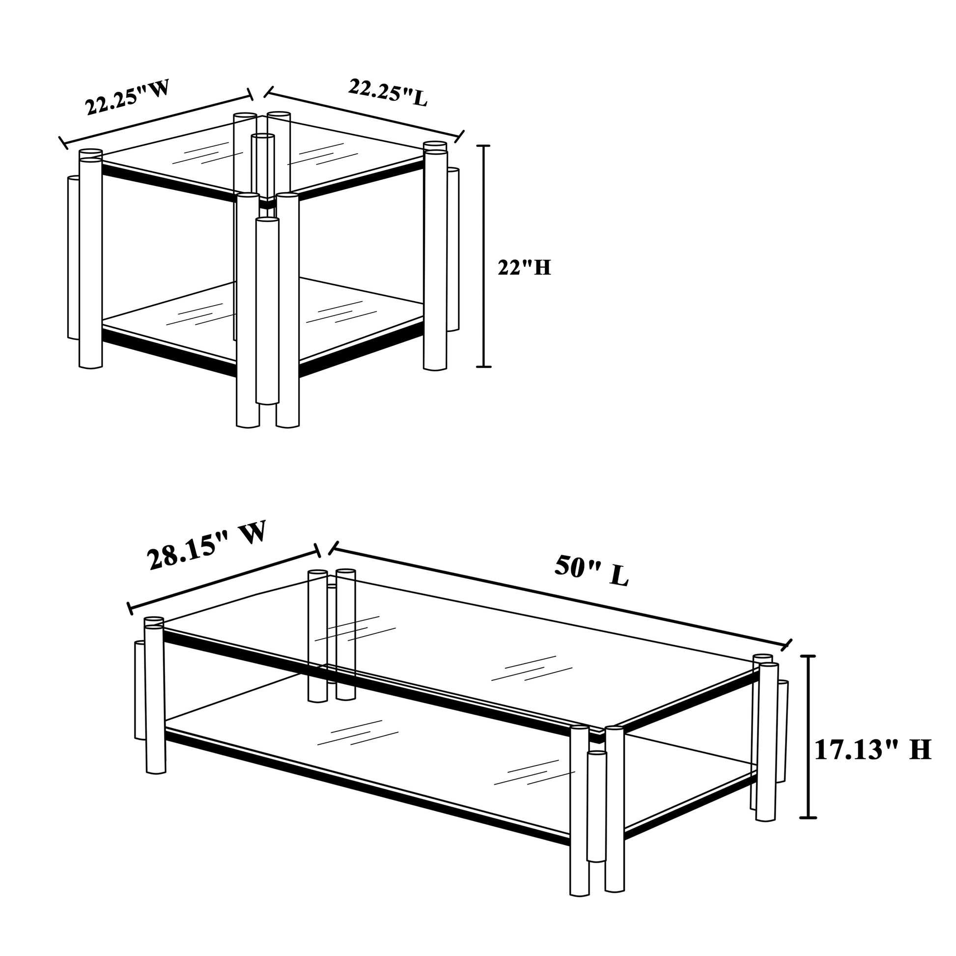 Modern Stainless Steel Coffee Table Set Set Of 2 , Double Layer Clear Tempered Glass Table Top, Coffee Table & End Side Table 2 Pieces Sets For Living Room Home Office, Silver Clear,Silver Modern