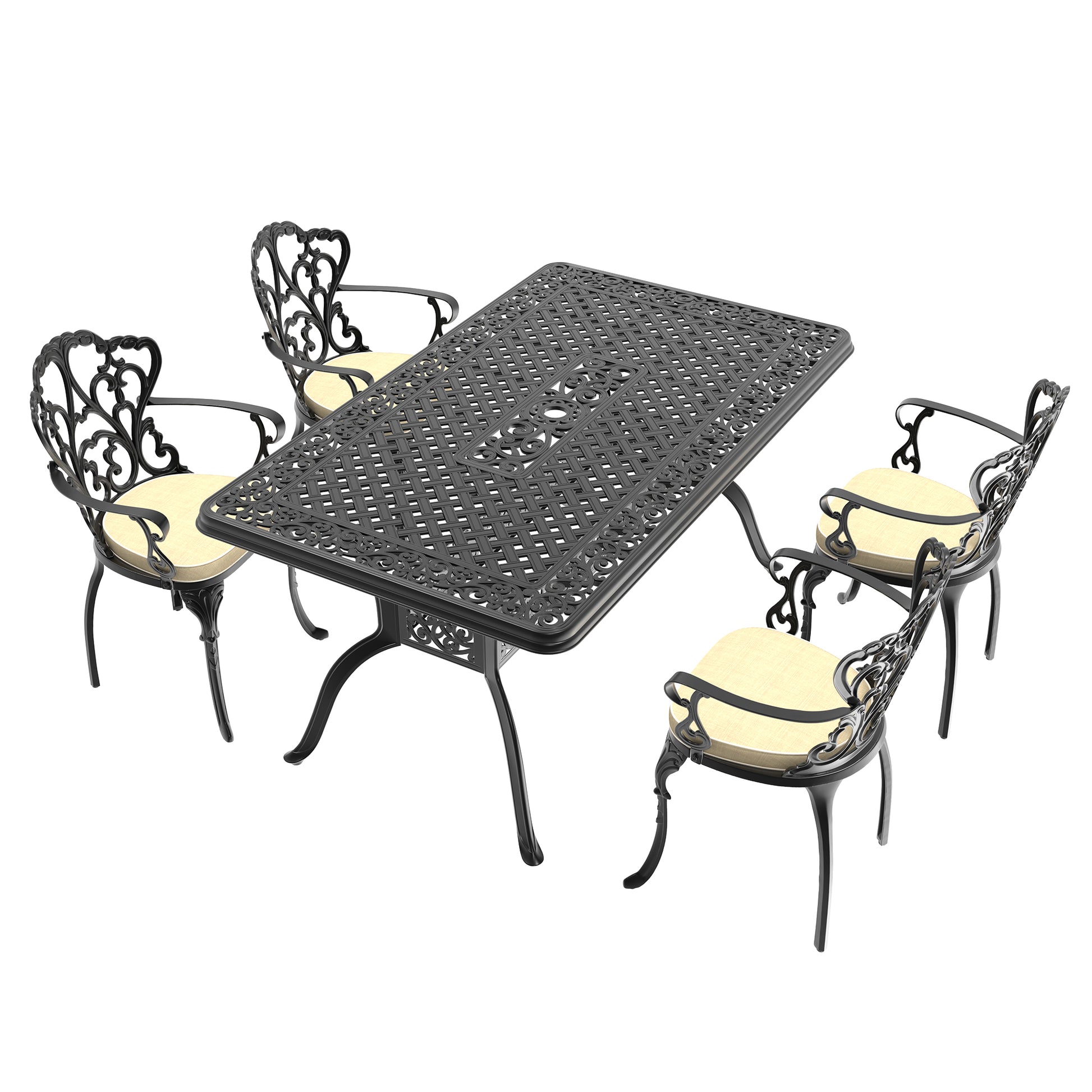 Cushions In Random Colors 5 Piece Set Of Cast Aluminum Patio Furniture With Cushions Yes Dining Set Black Khaki Seats 4 Rust Resistant Frame Water Resistant Cushion Garden & Outdoor Complete Patio Sets Aluminium