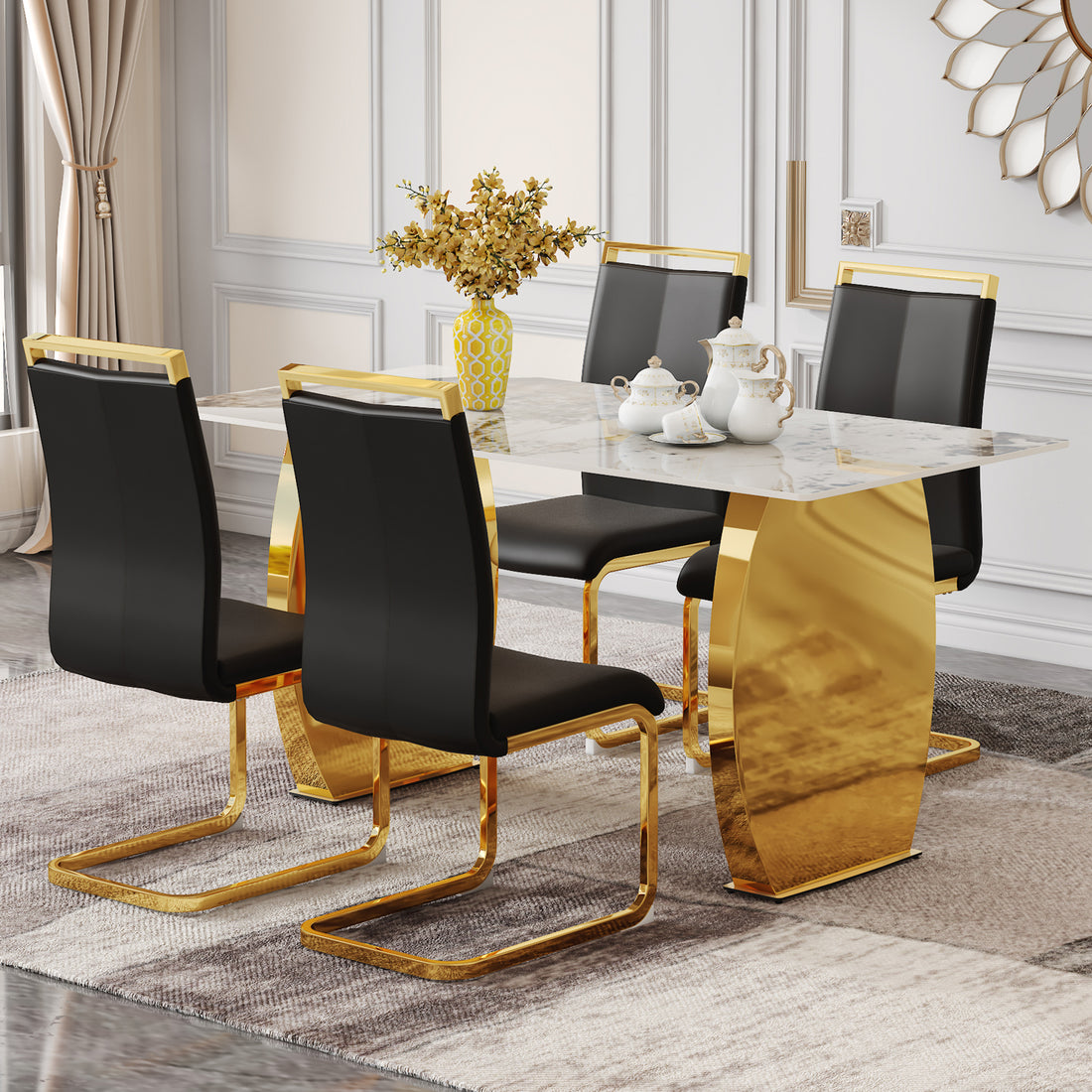 Table And Chair Set, Rock Plate Table Top, Gold Metal Table Legs, Stable And Beautiful, Suitable For Most Home Styles. Modern Simple Dining Table, Comfortable Seating. Gold Black Seats 4 Sintered Stone