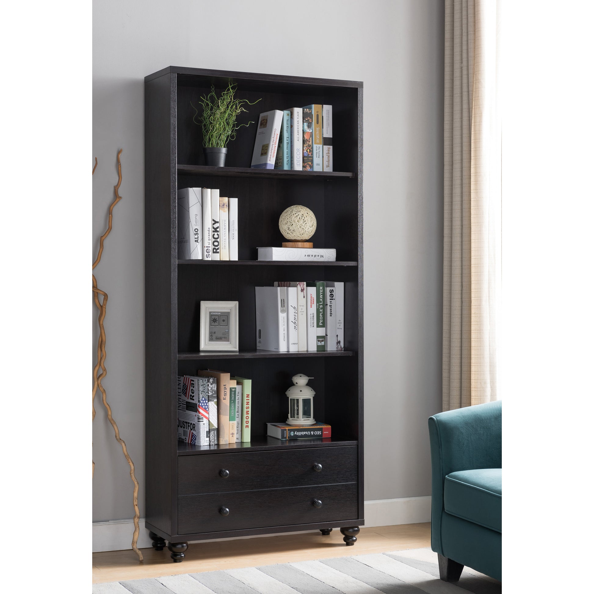 Modern Bookcase With 4 Shelves 2 Drawers In Distressed Red Cocoa Dark Brown Mdf