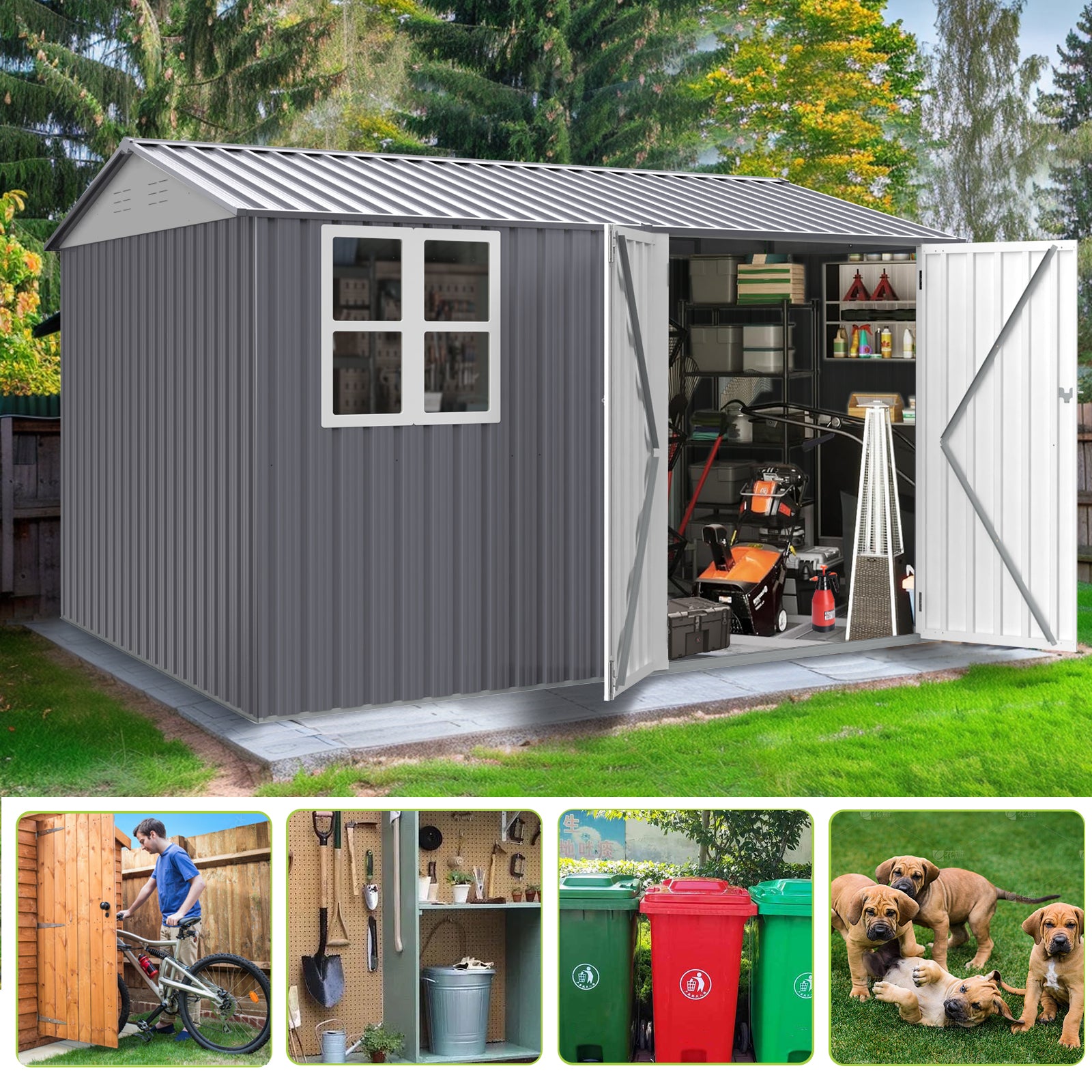 8X10Ft Outdoor Storage Shed With Thickened Galvanized Steel,With Sloped Roof & Double Lockable Door,Storage Shed Large With 6 Vents, Garden Tool Shed For Backyard Garden Patio Lawn Bike,Lawnmower Grey Rectangular None Garden & Outdoor Modern Year Round